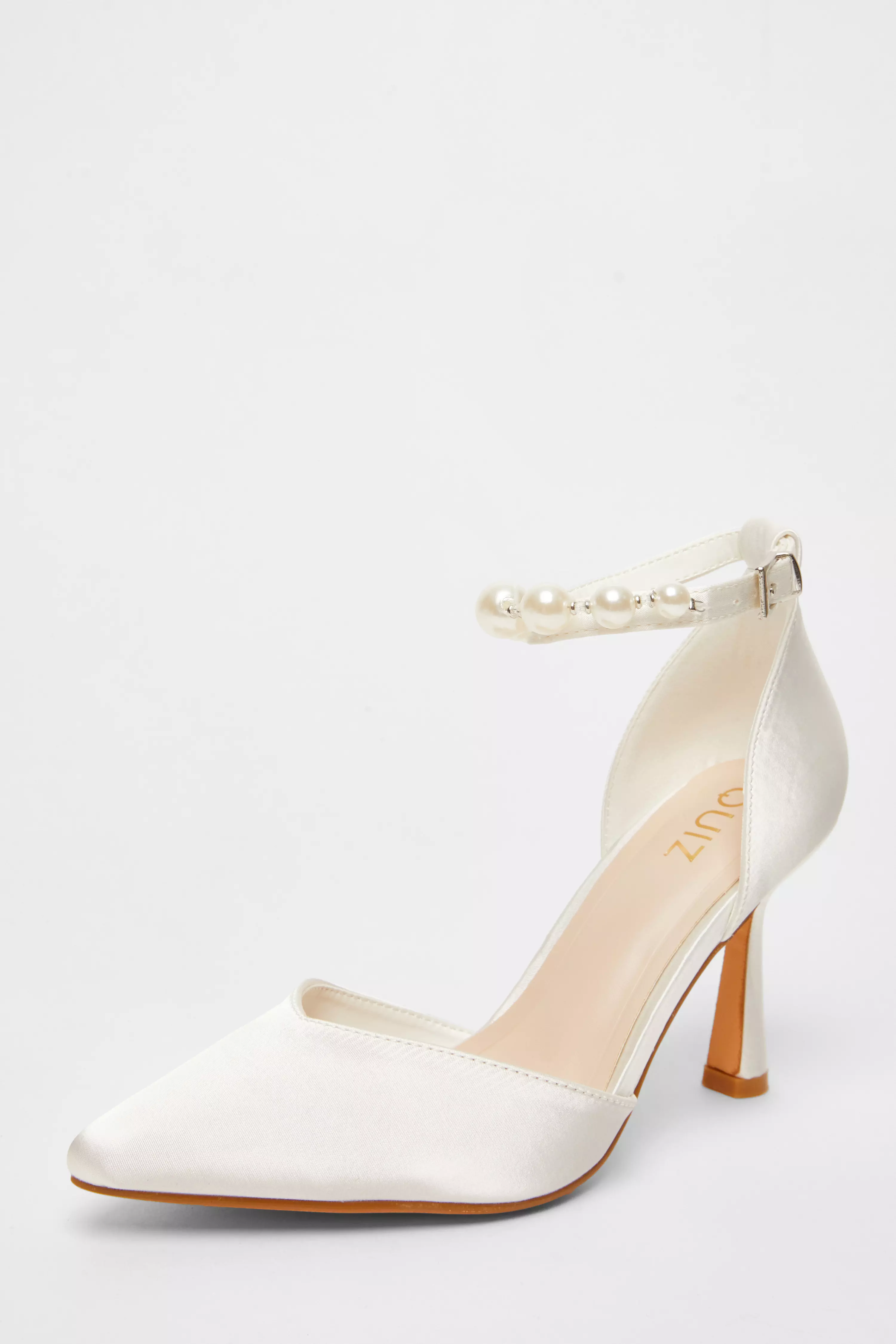 White Bridal Pearl Ankle Strap Court Heels