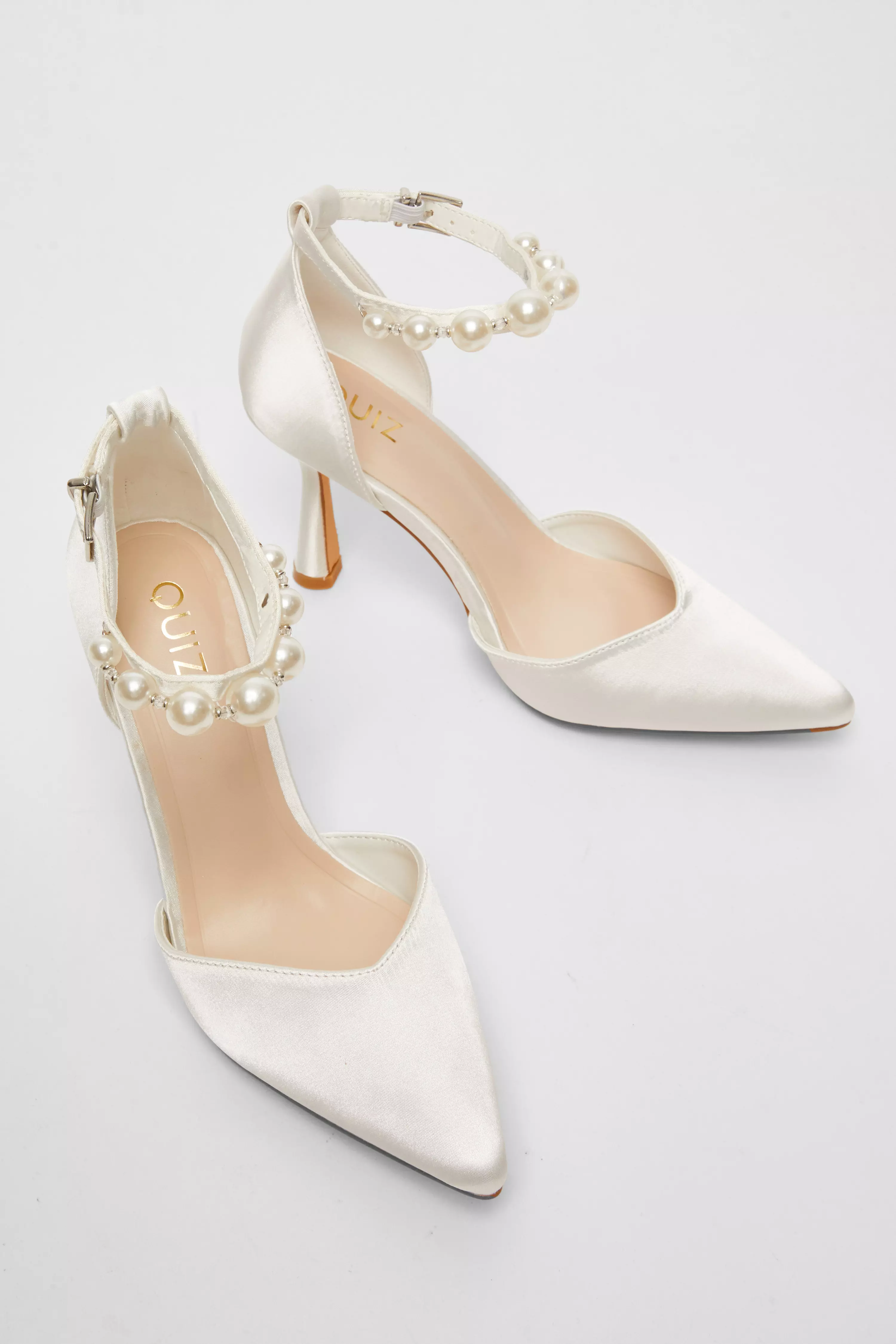 White Bridal Pearl Ankle Strap Court Heels