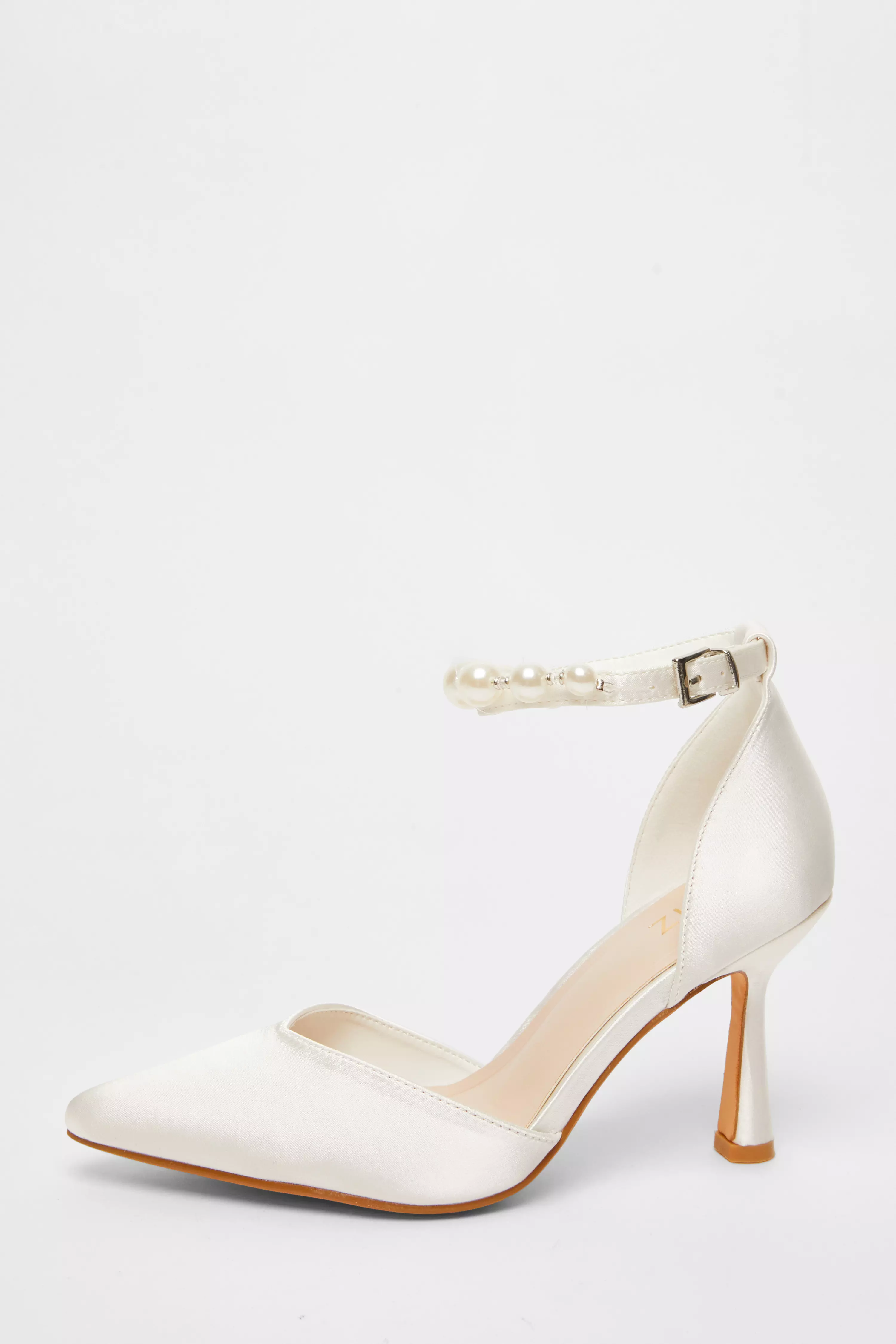 White Bridal Pearl Ankle Strap Court Heels