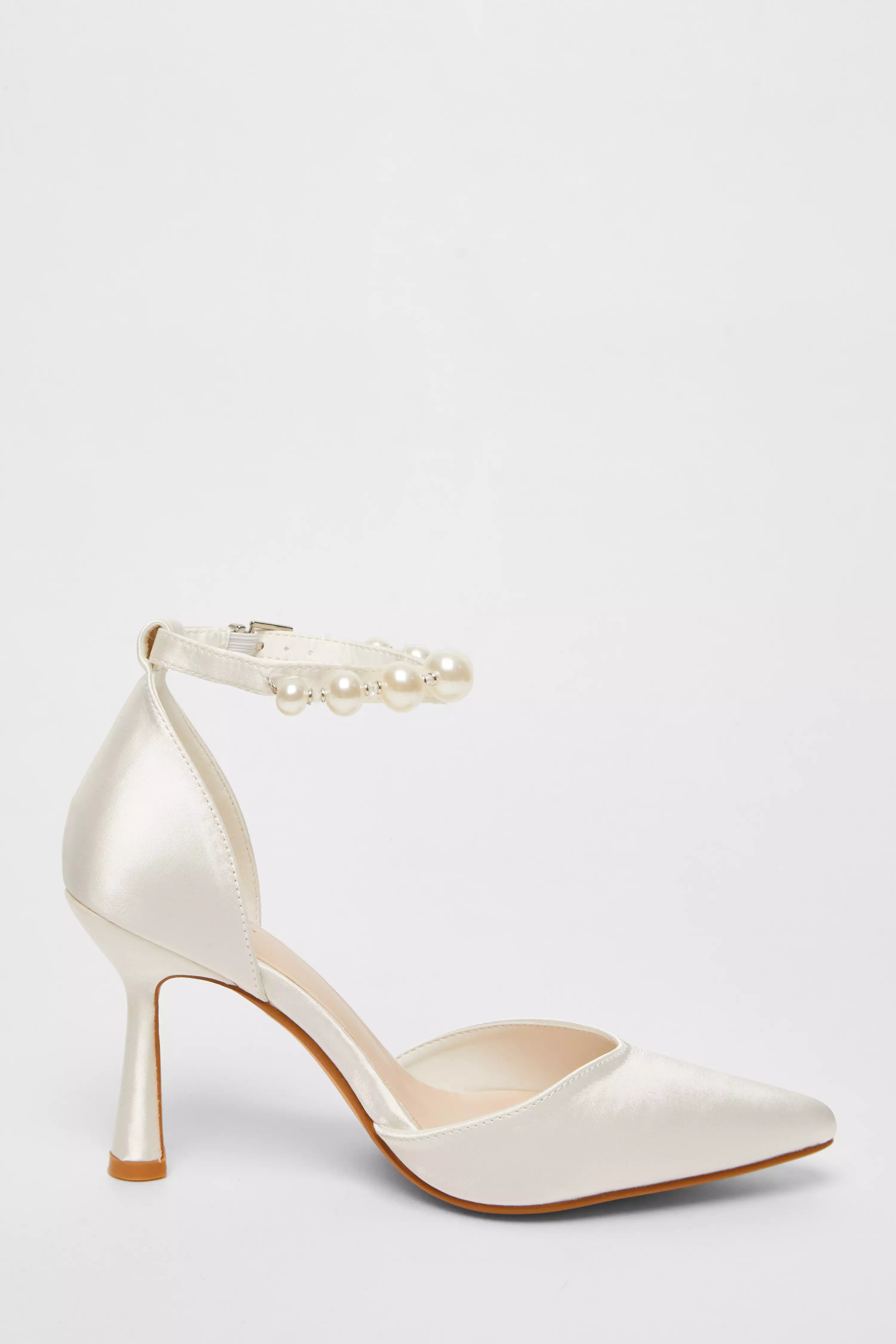 White Bridal Pearl Ankle Strap Court Heels