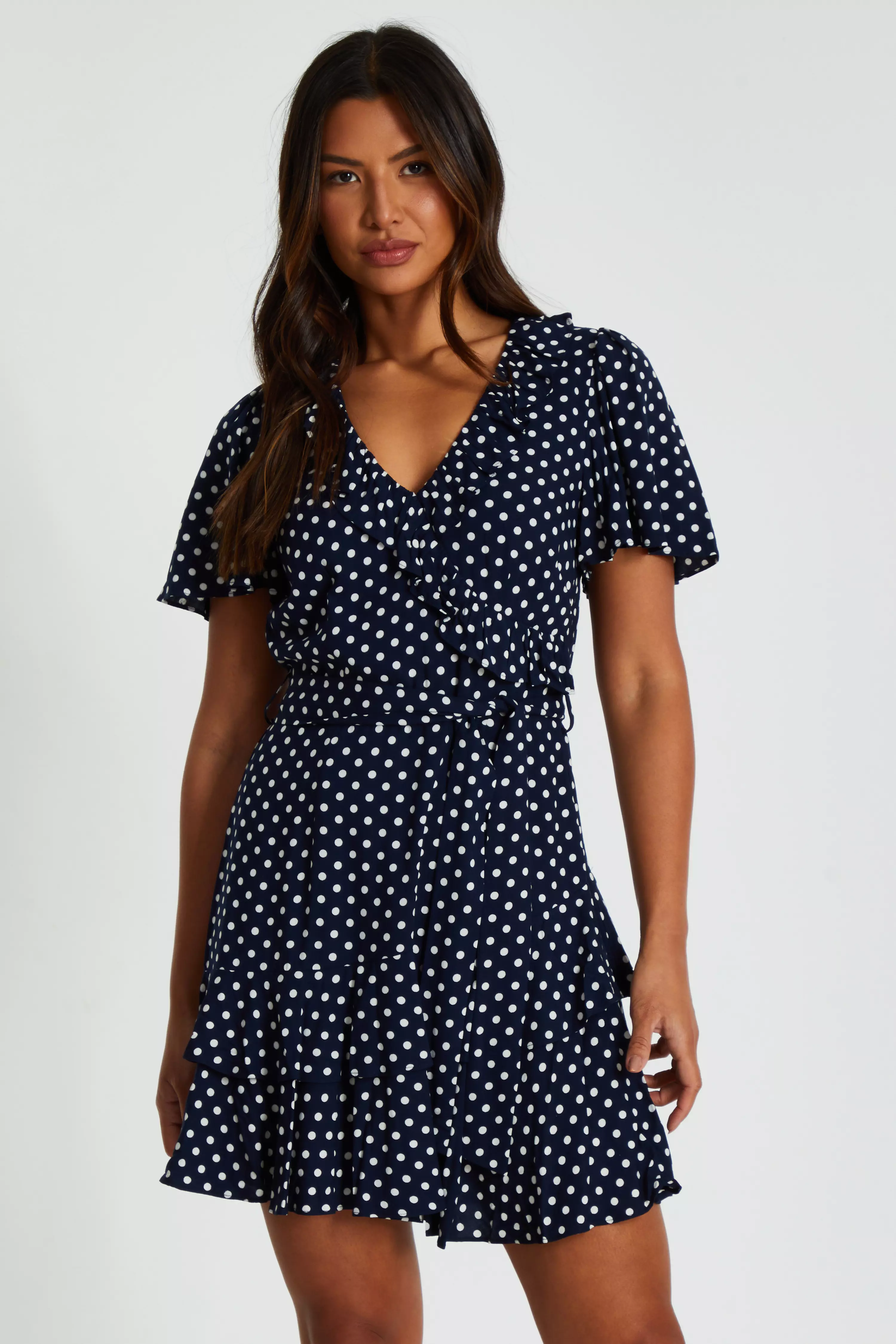 Navy Polka Dot Print Skater Dress