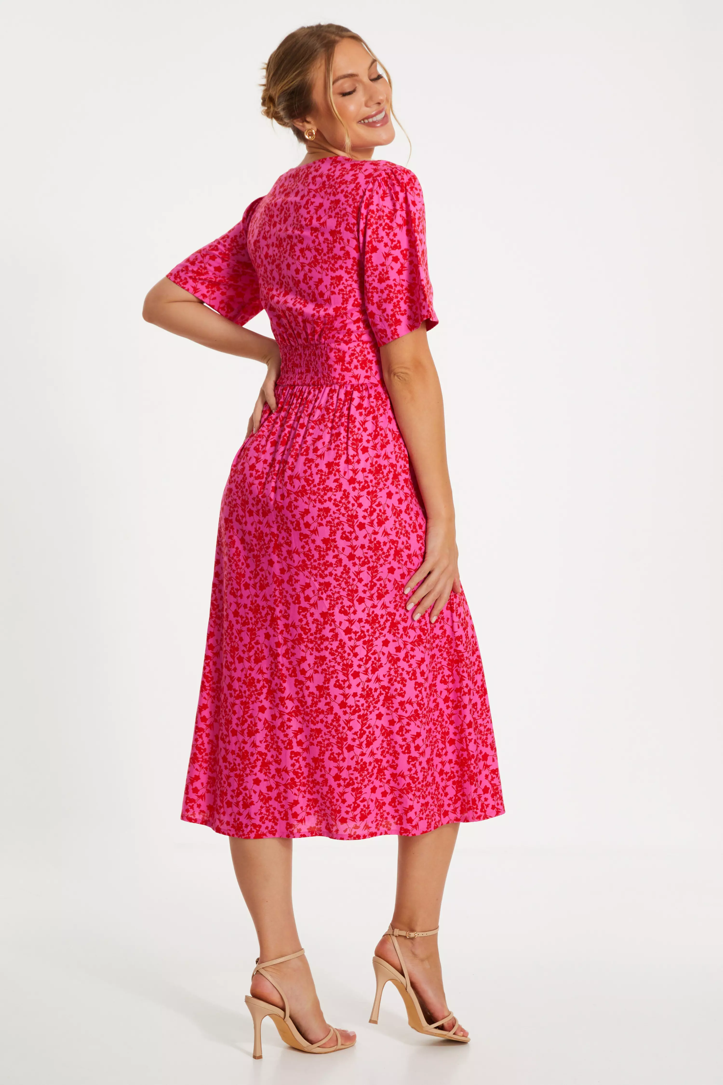 Pink Linen Floral Midi Dress
