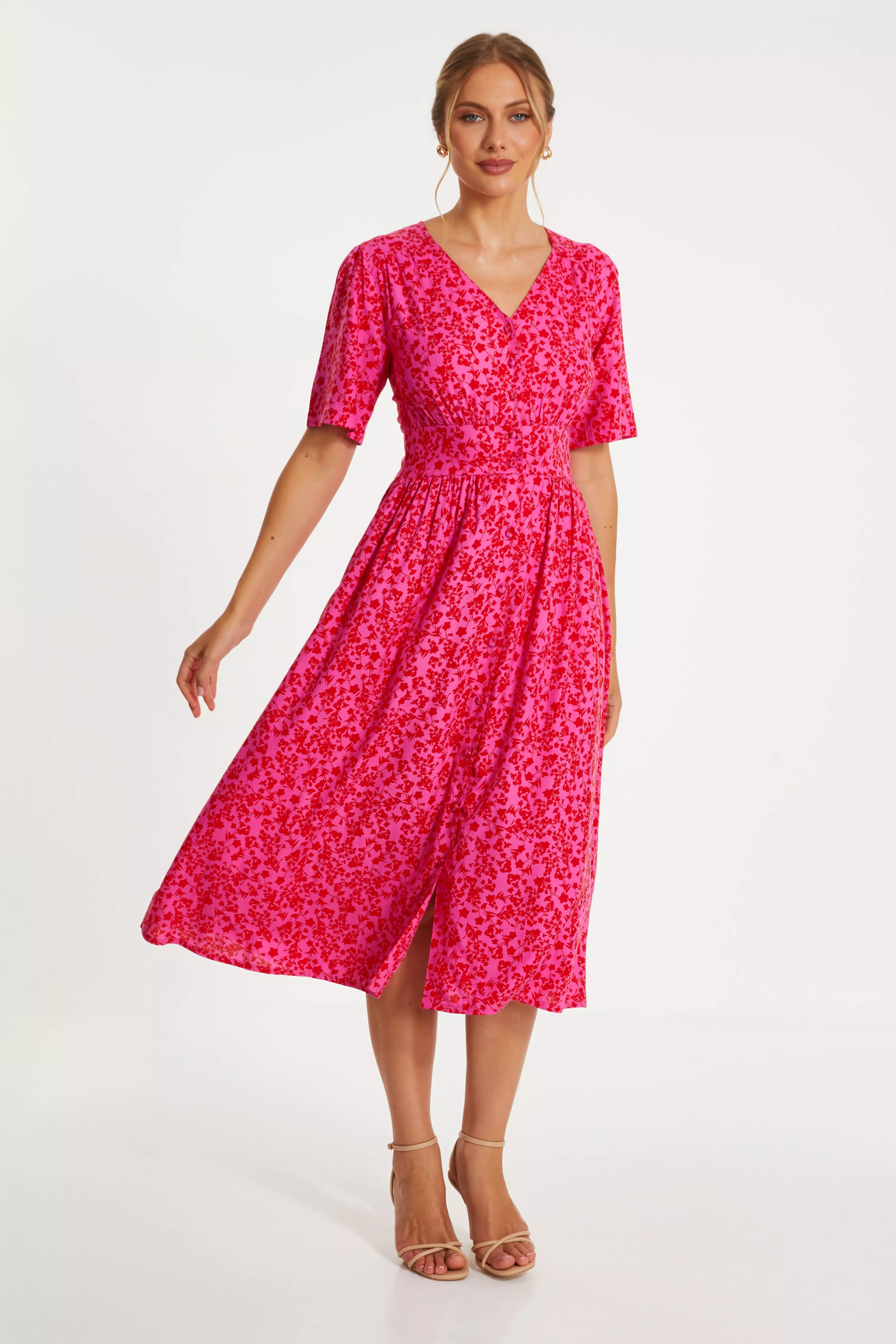 Pink Linen Floral Midi Dress
