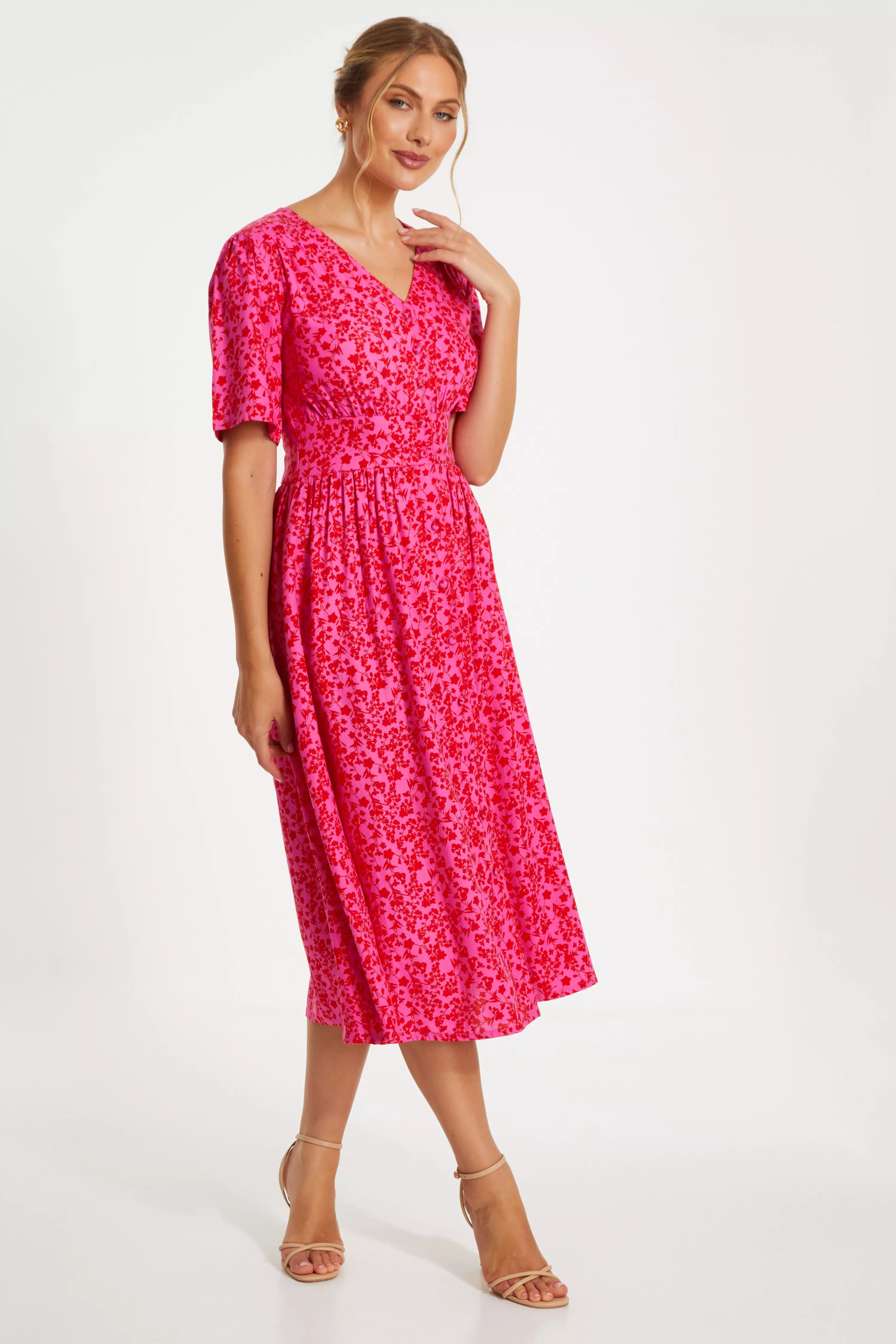 Pink Linen Floral Midaxi Dress