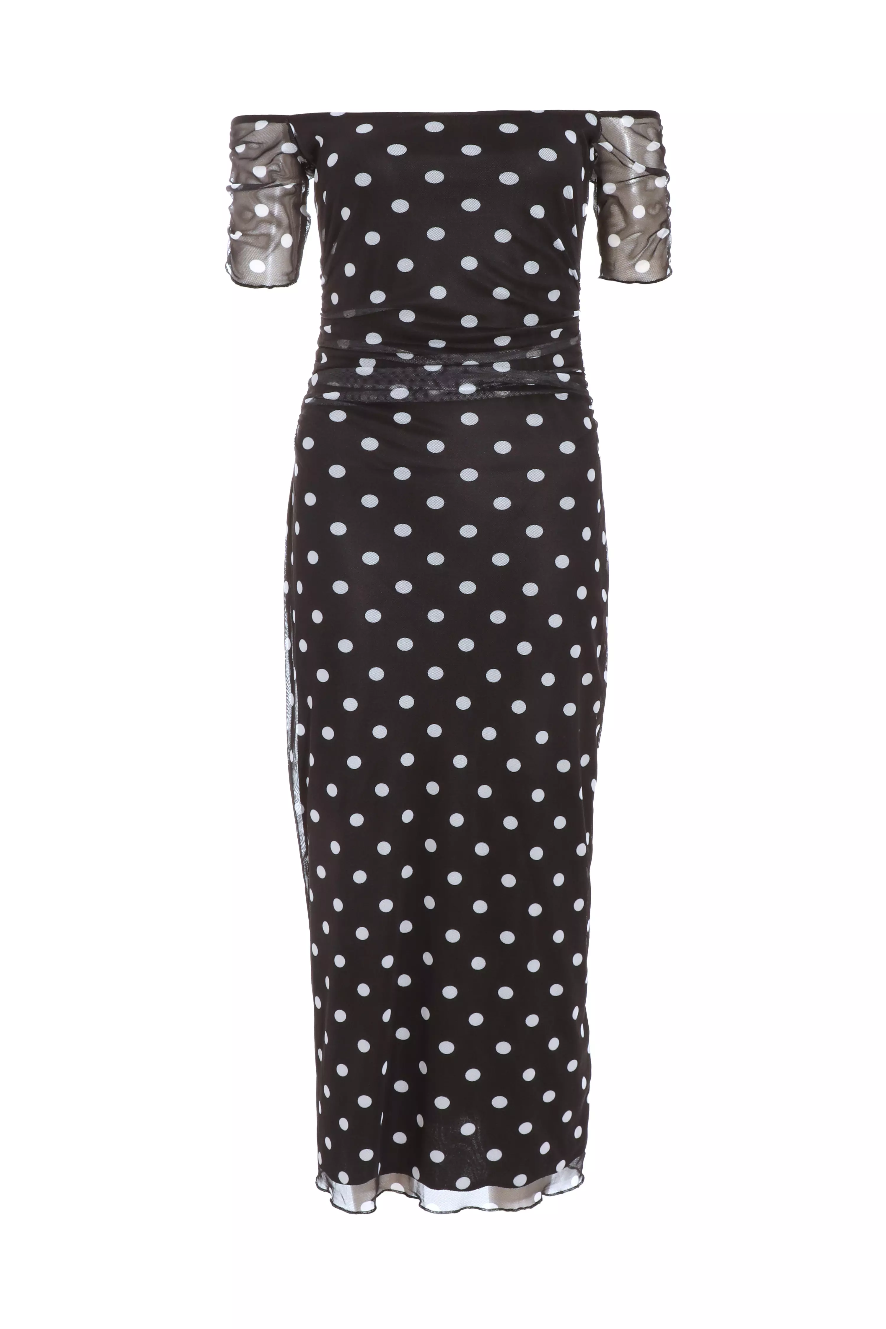 Petite Black Polka Dot Bardot Midaxi Dress