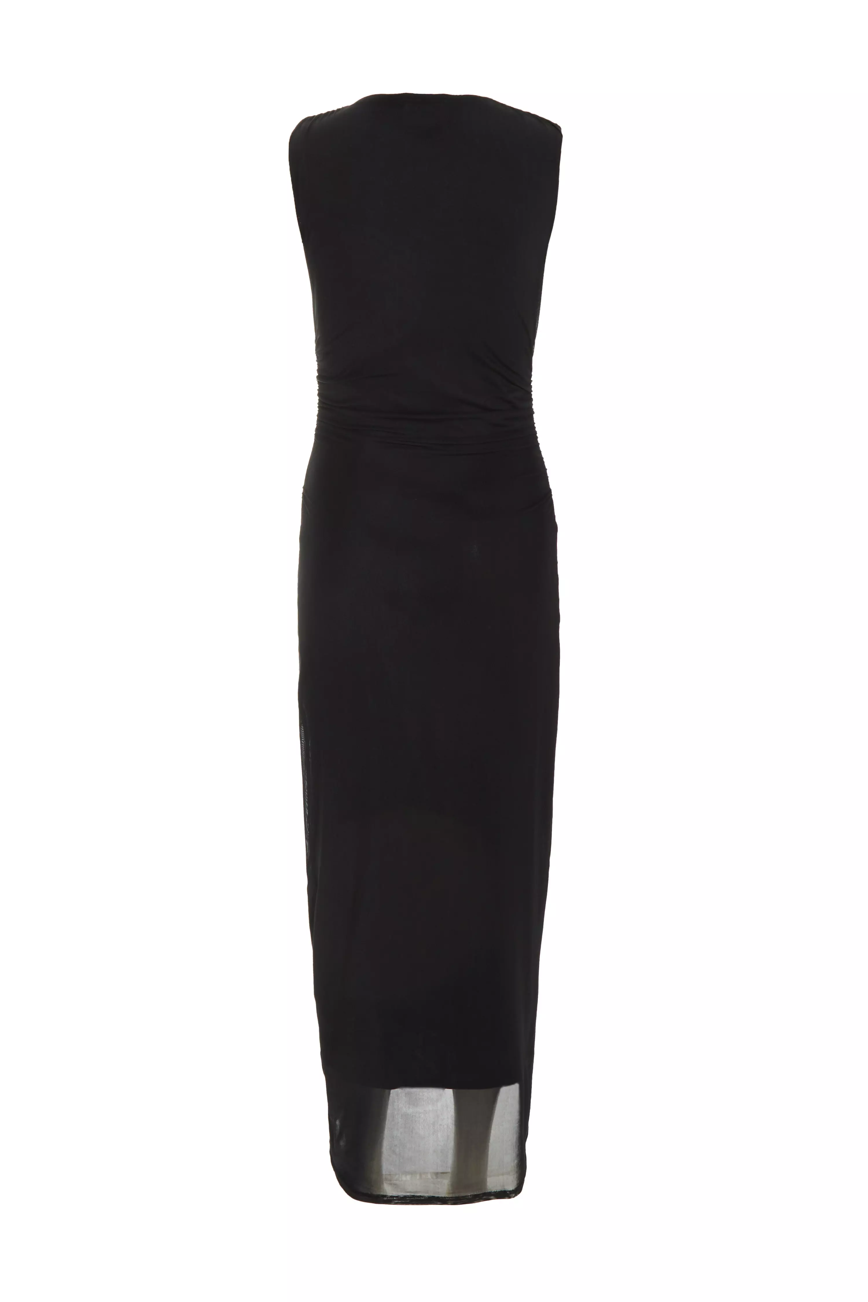 Petite Black Mesh Ruched Bodycon Midaxi Dress