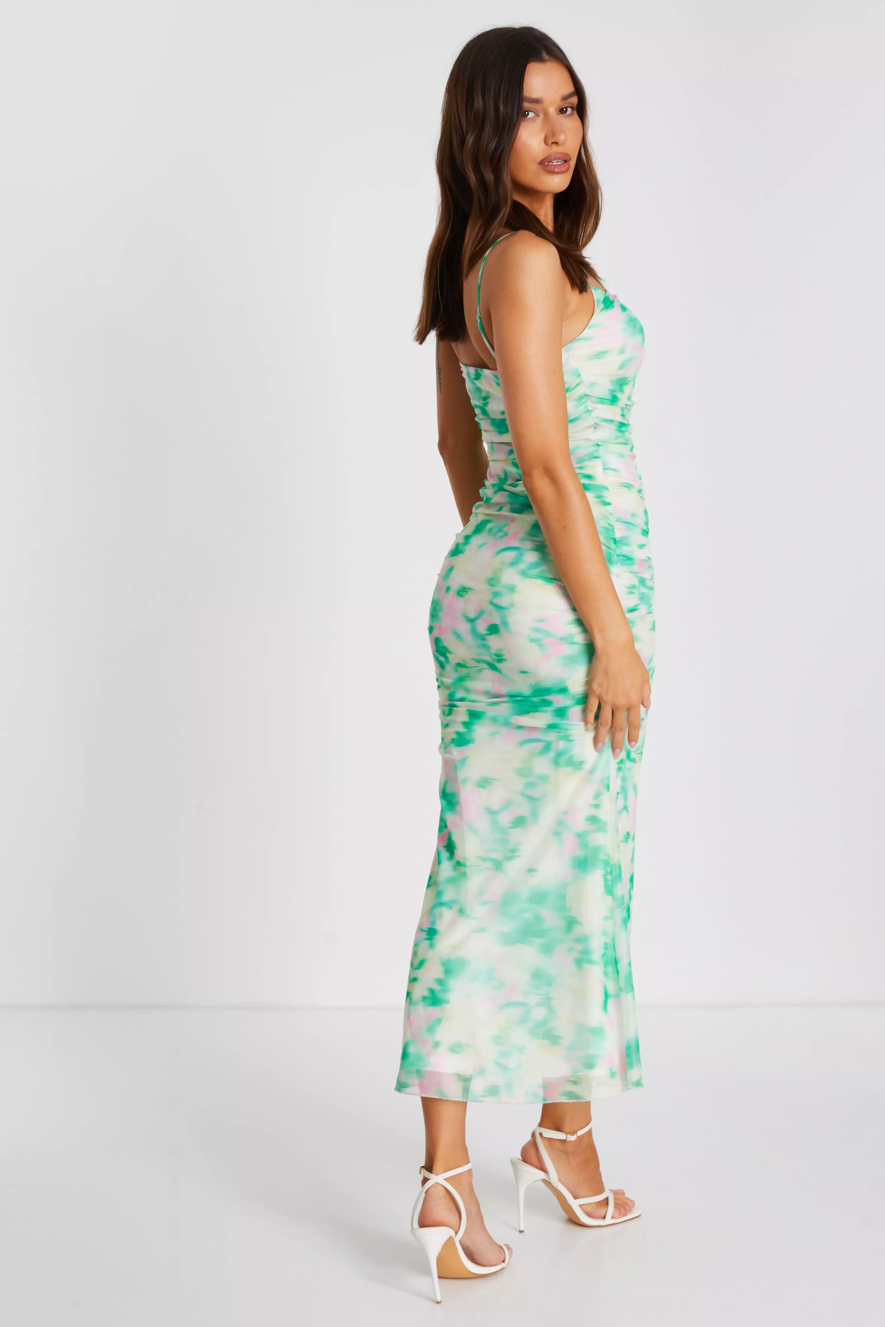 Green Floral Abstract Mesh Midi Dress