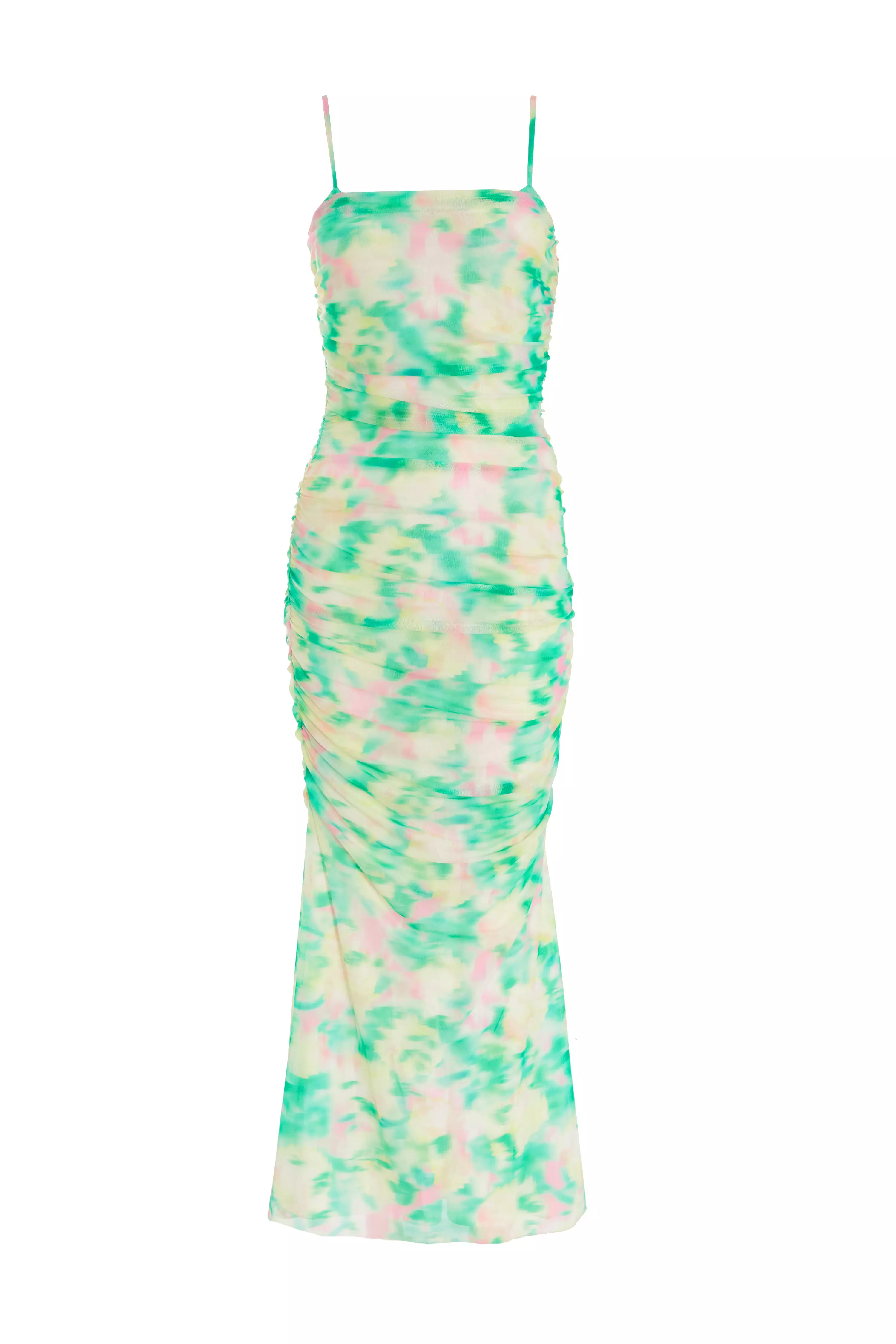 Green Floral Abstract Mesh Midi Dress