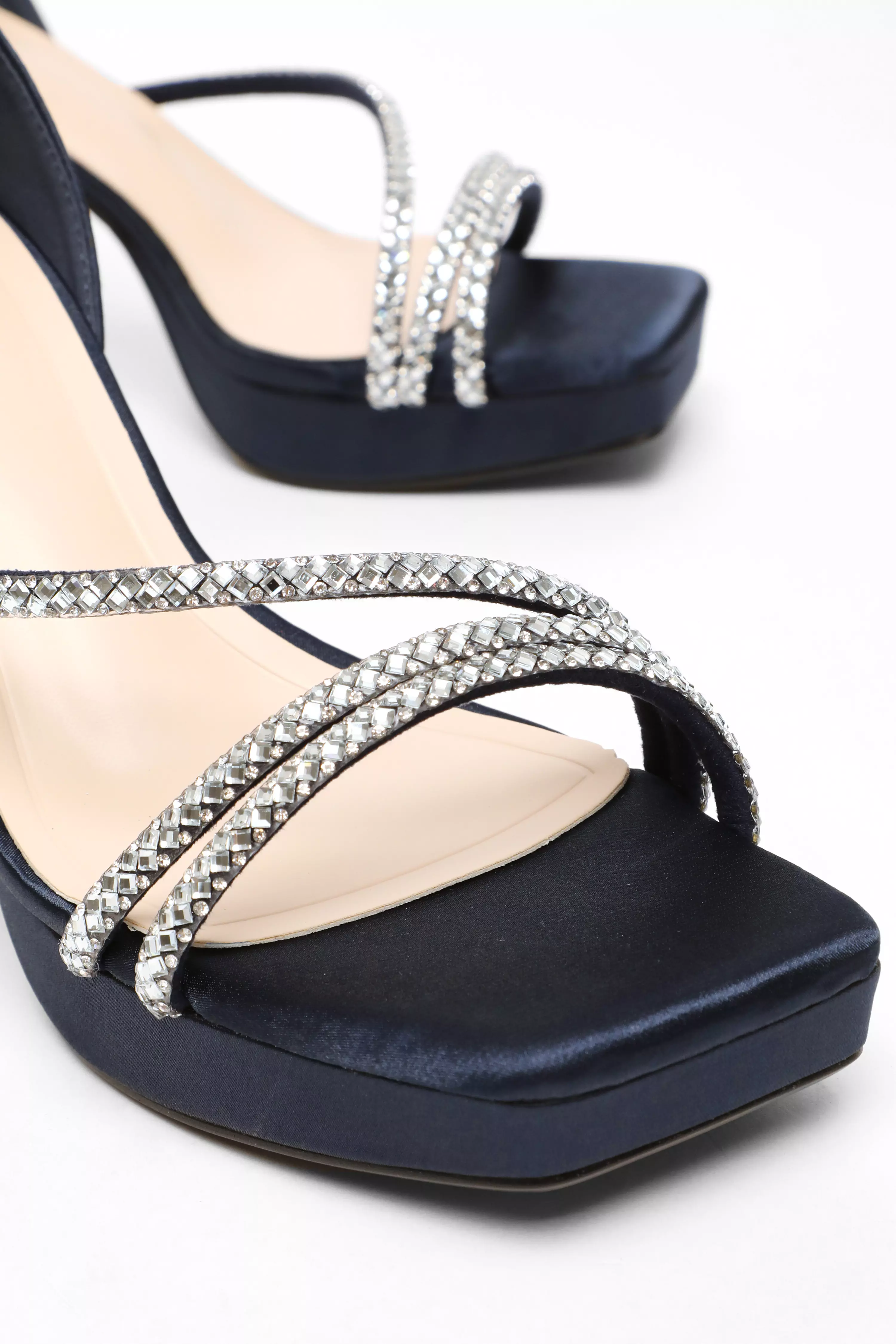 Navy Diamante Strappy Platform Heeled Sandals