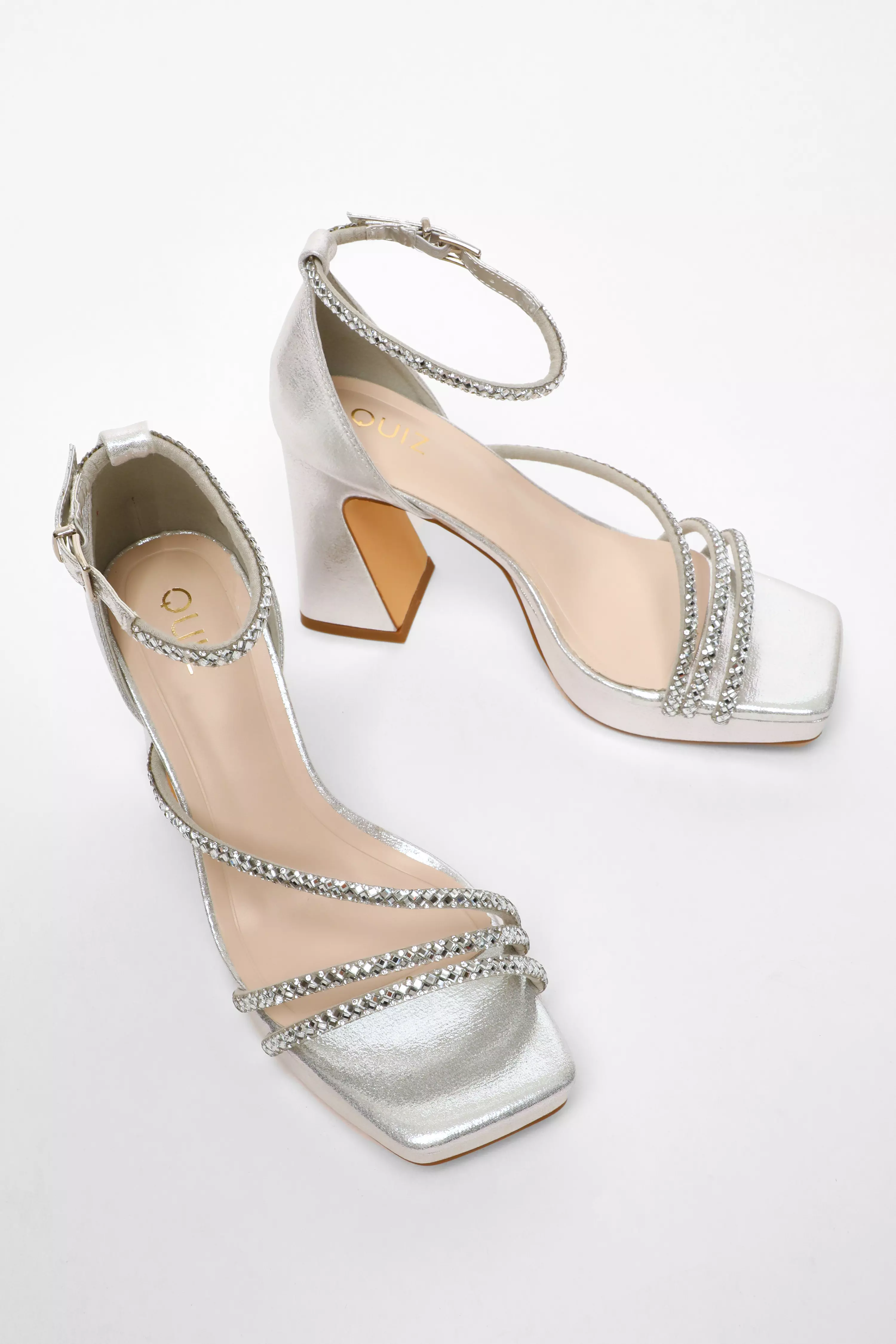 Silver Diamante Strappy Platform Heeled Sandals