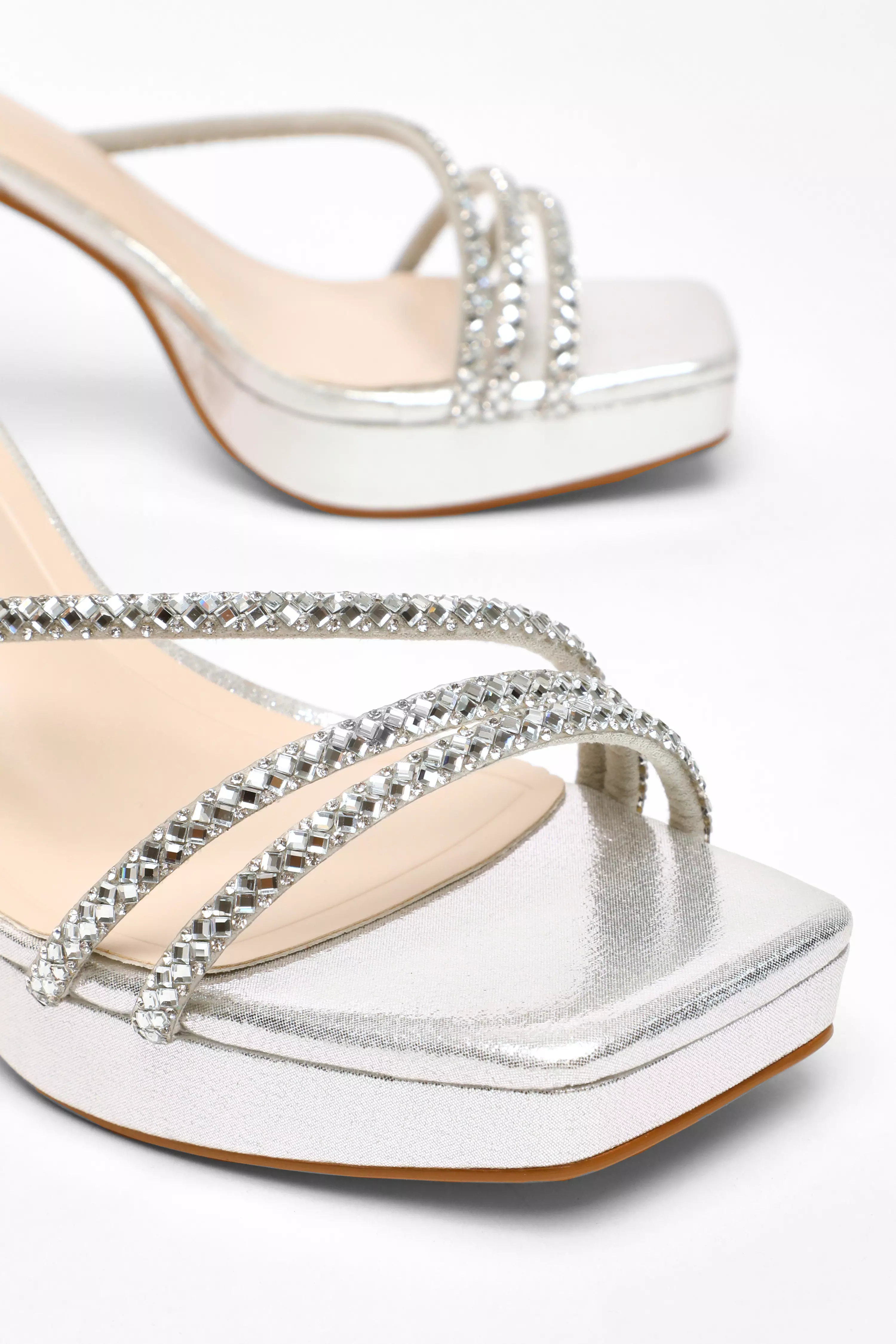 Silver Diamante Strappy Platform Heeled Sandals