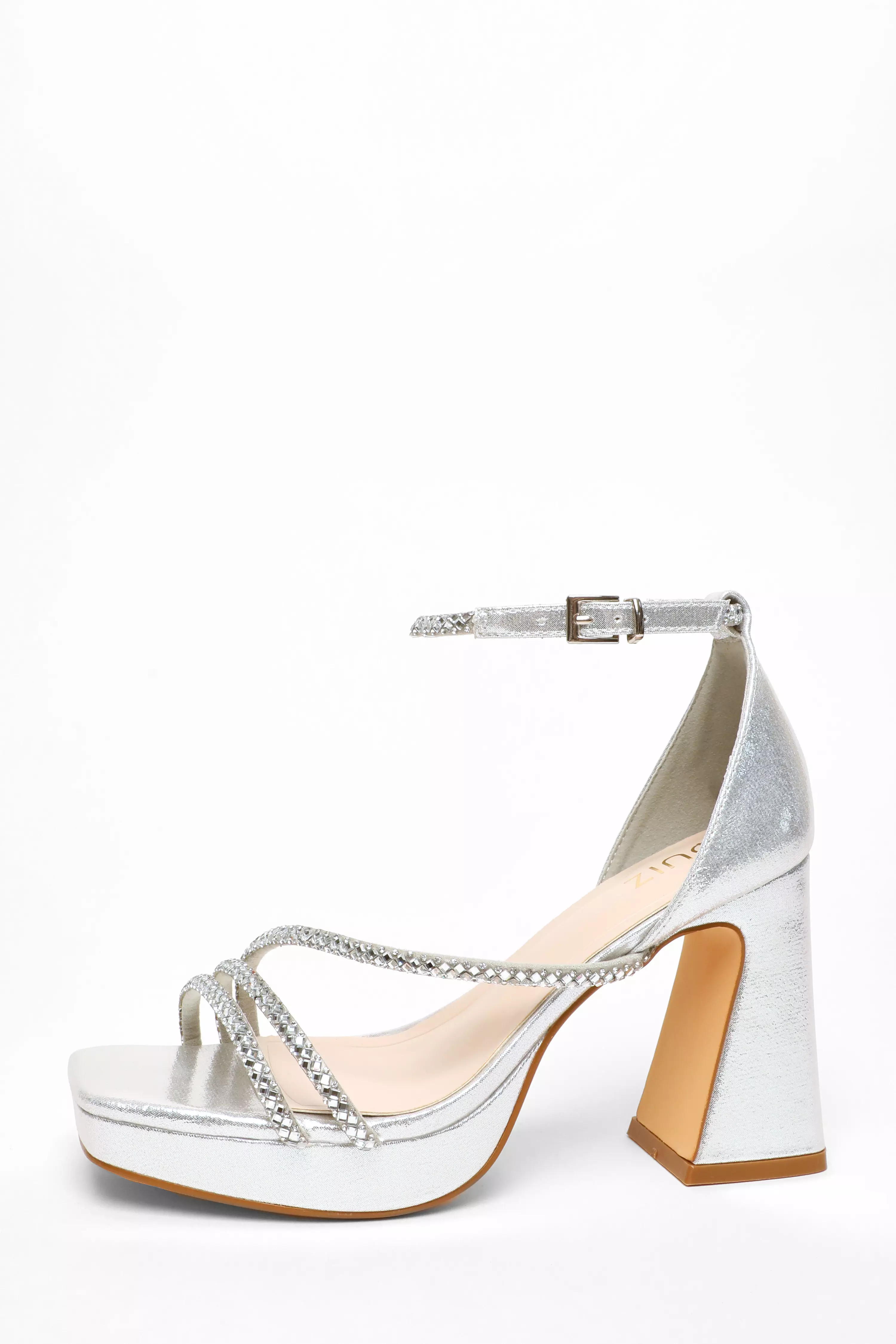 Silver Diamante Strappy Platform Heeled Sandals