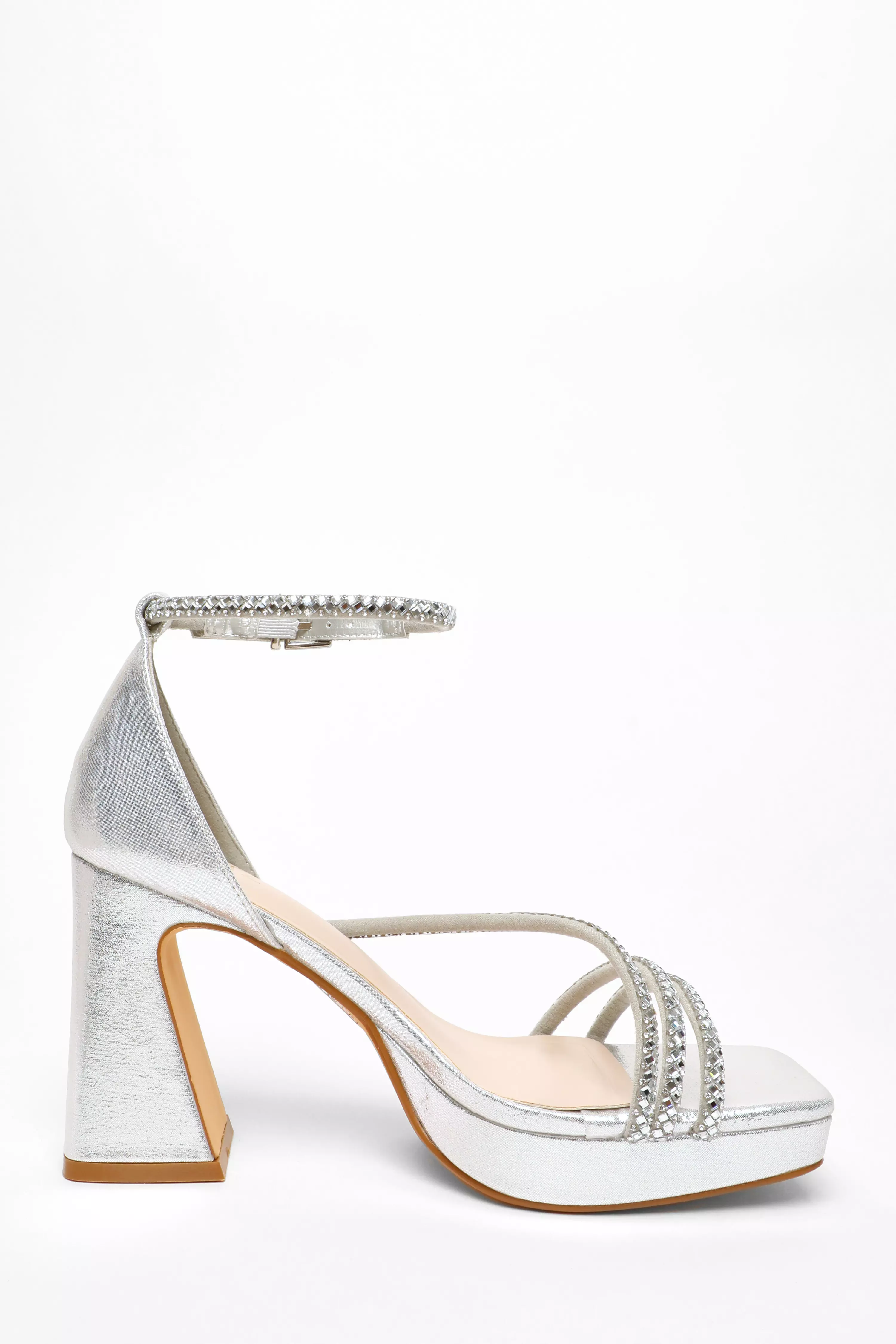 Silver Diamante Strappy Platform Heeled Sandals