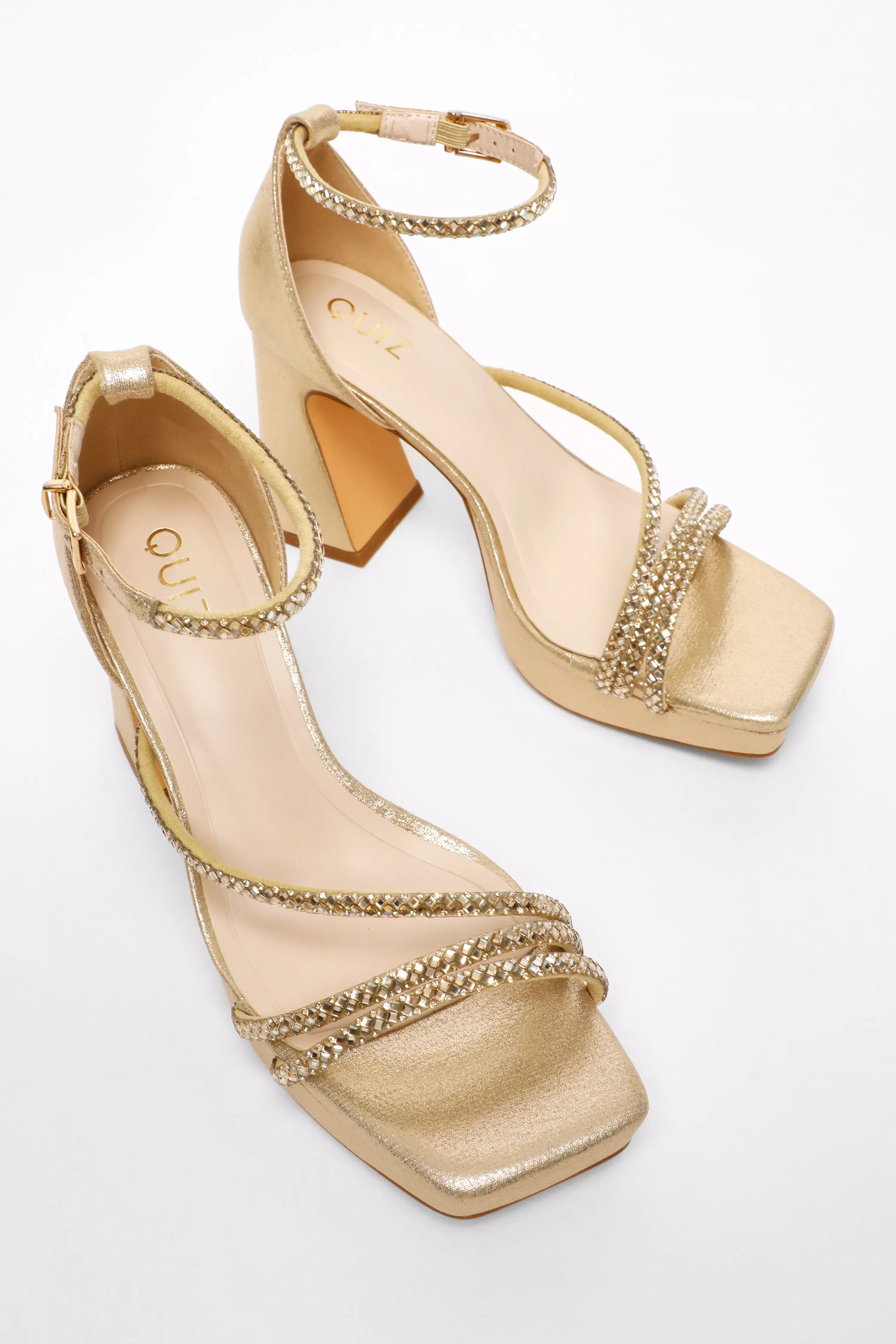 Gold Diamante Strappy Platform Heeled Sandals