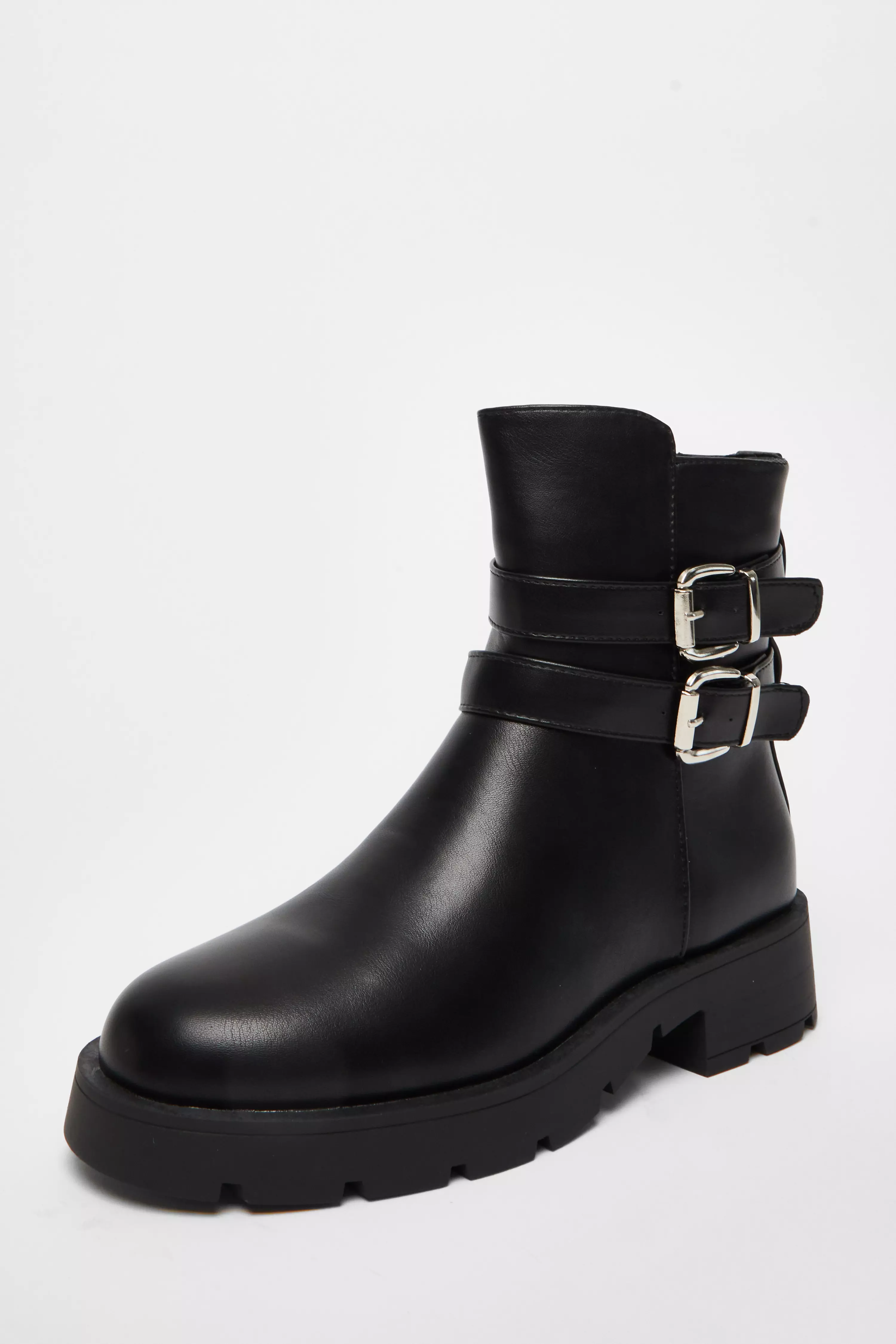 Black Faux Leather Double Buckle Ankle Boot