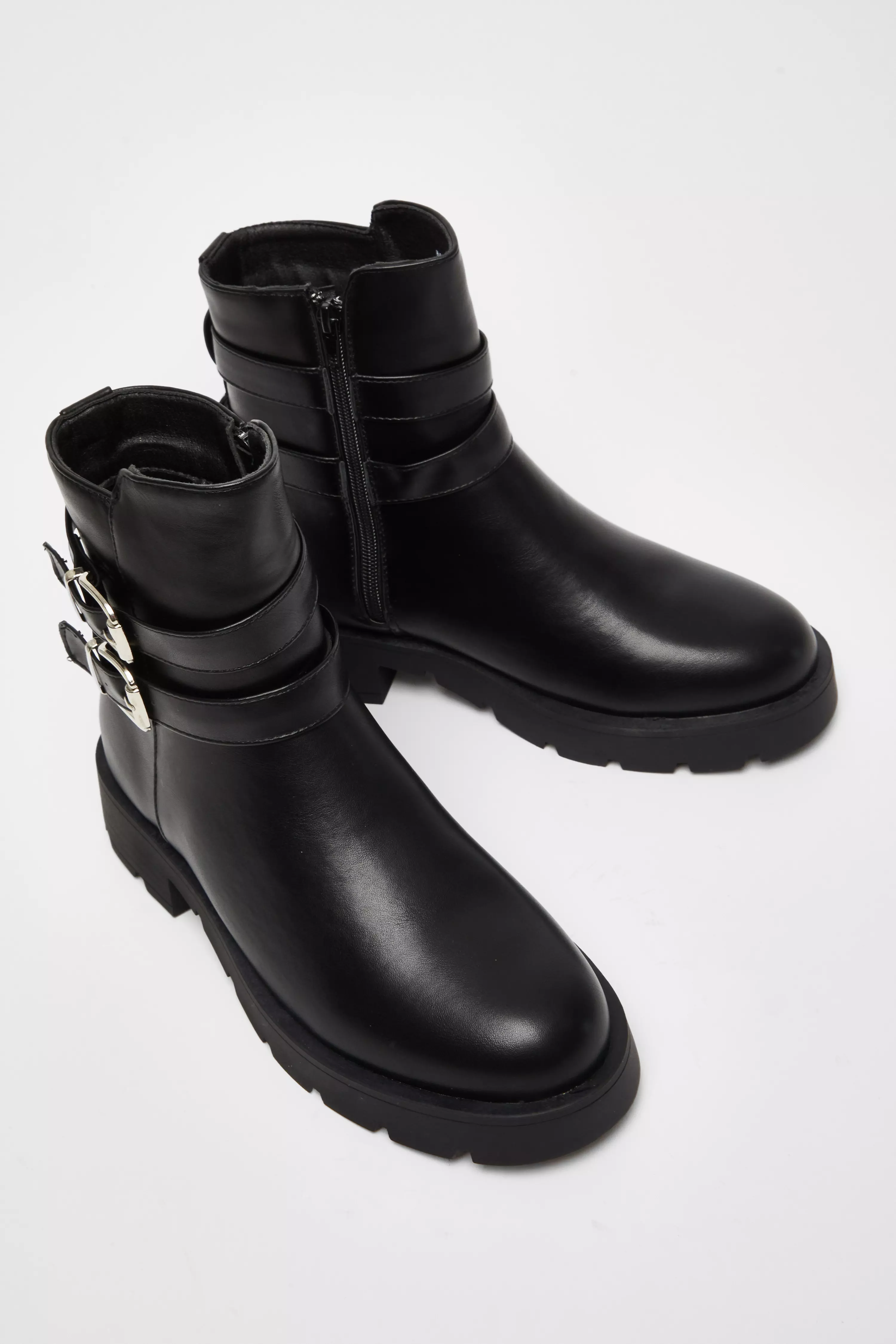 Black Faux Leather Double Buckle Ankle Boot