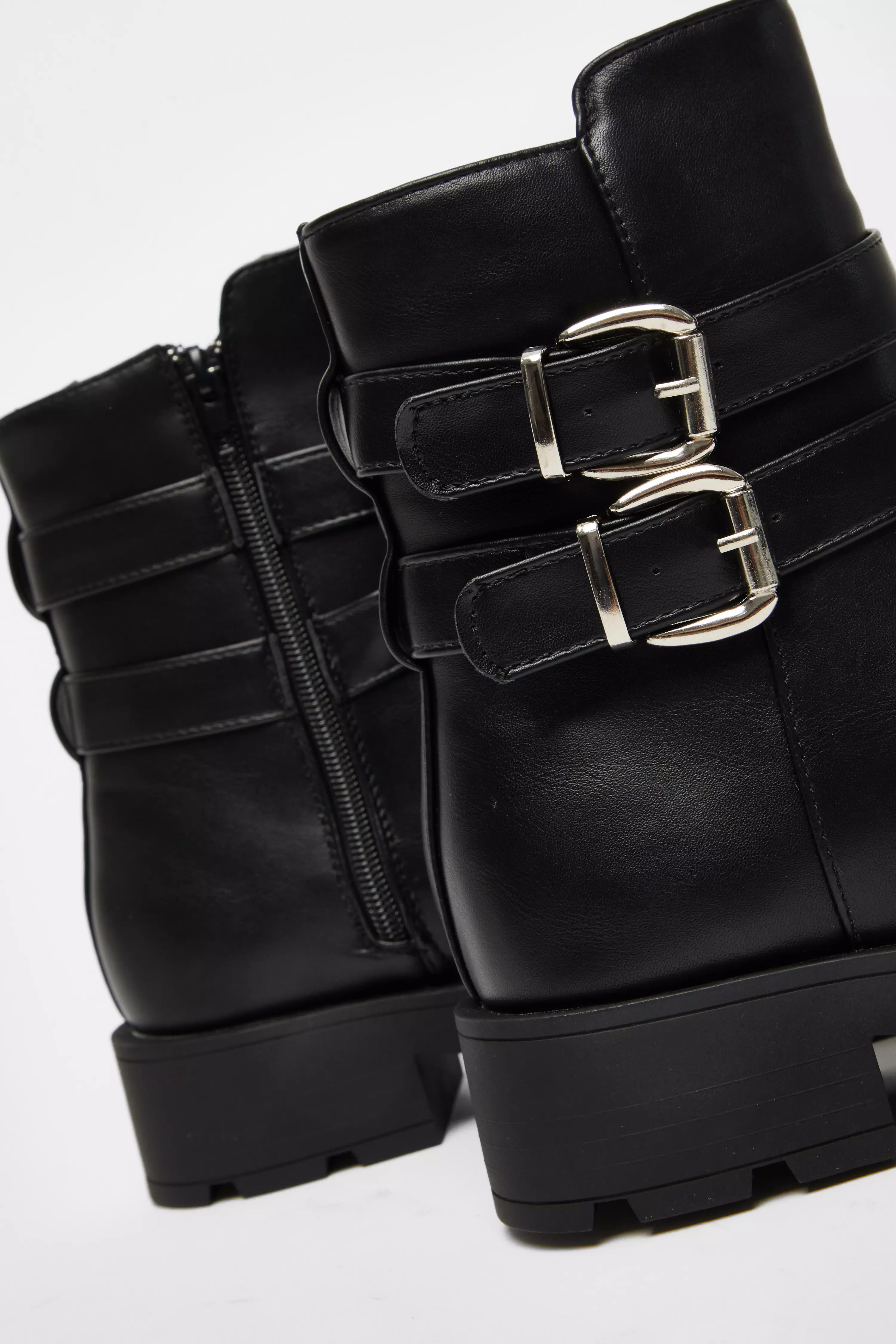 Black Faux Leather Double Buckle Ankle Boot