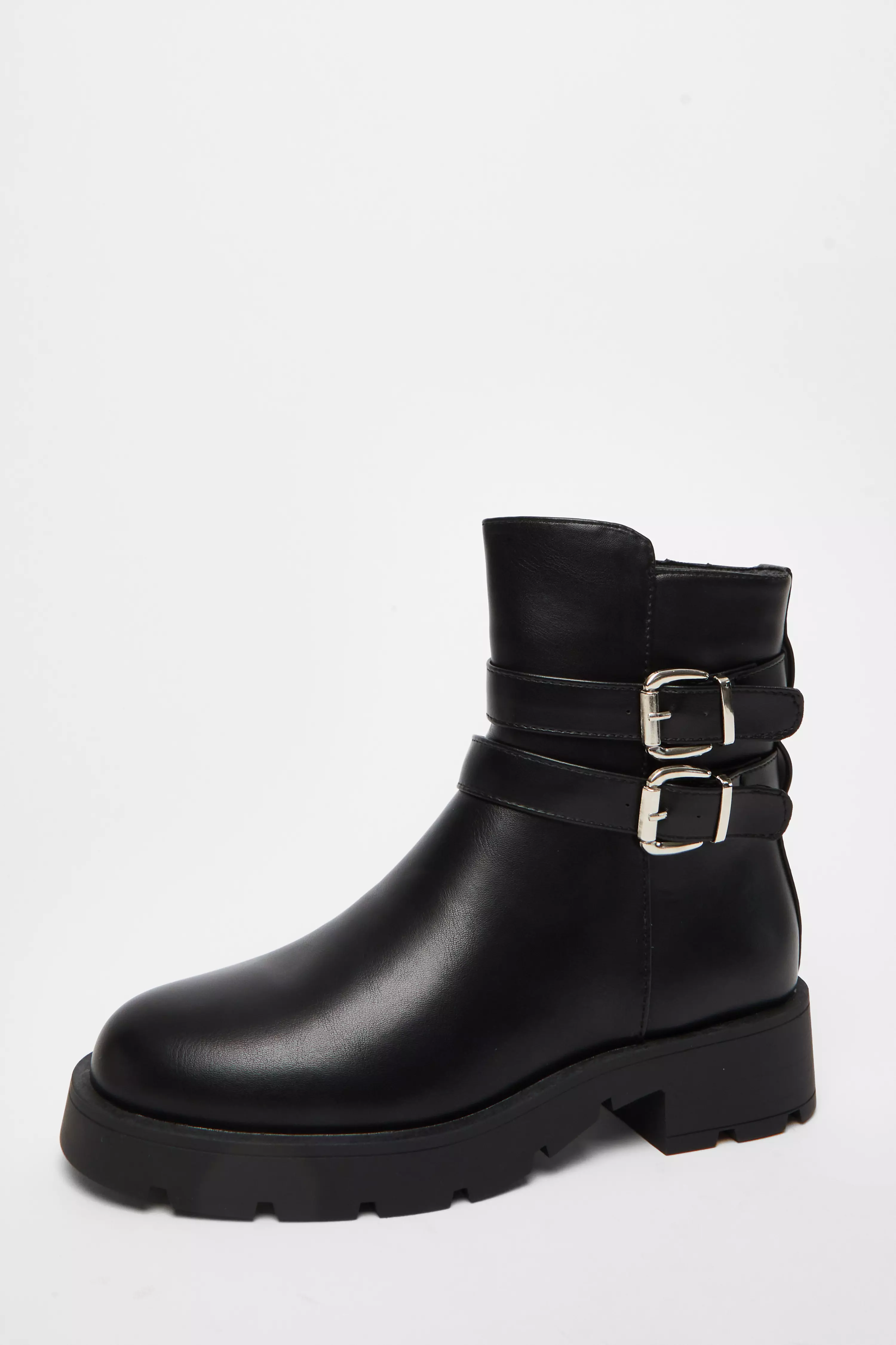 Black Faux Leather Double Buckle Ankle Boot