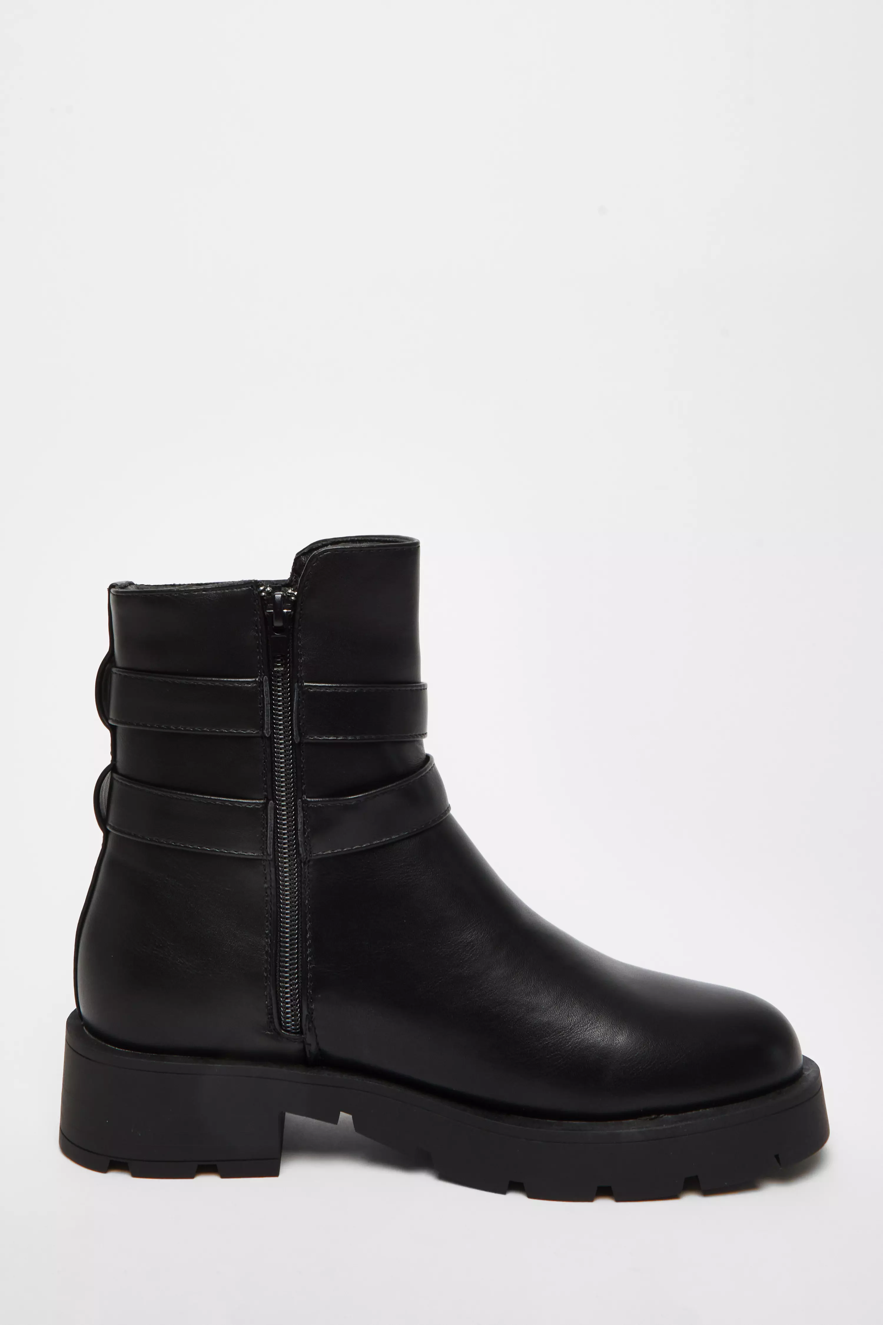 Black Faux Leather Double Buckle Ankle Boot