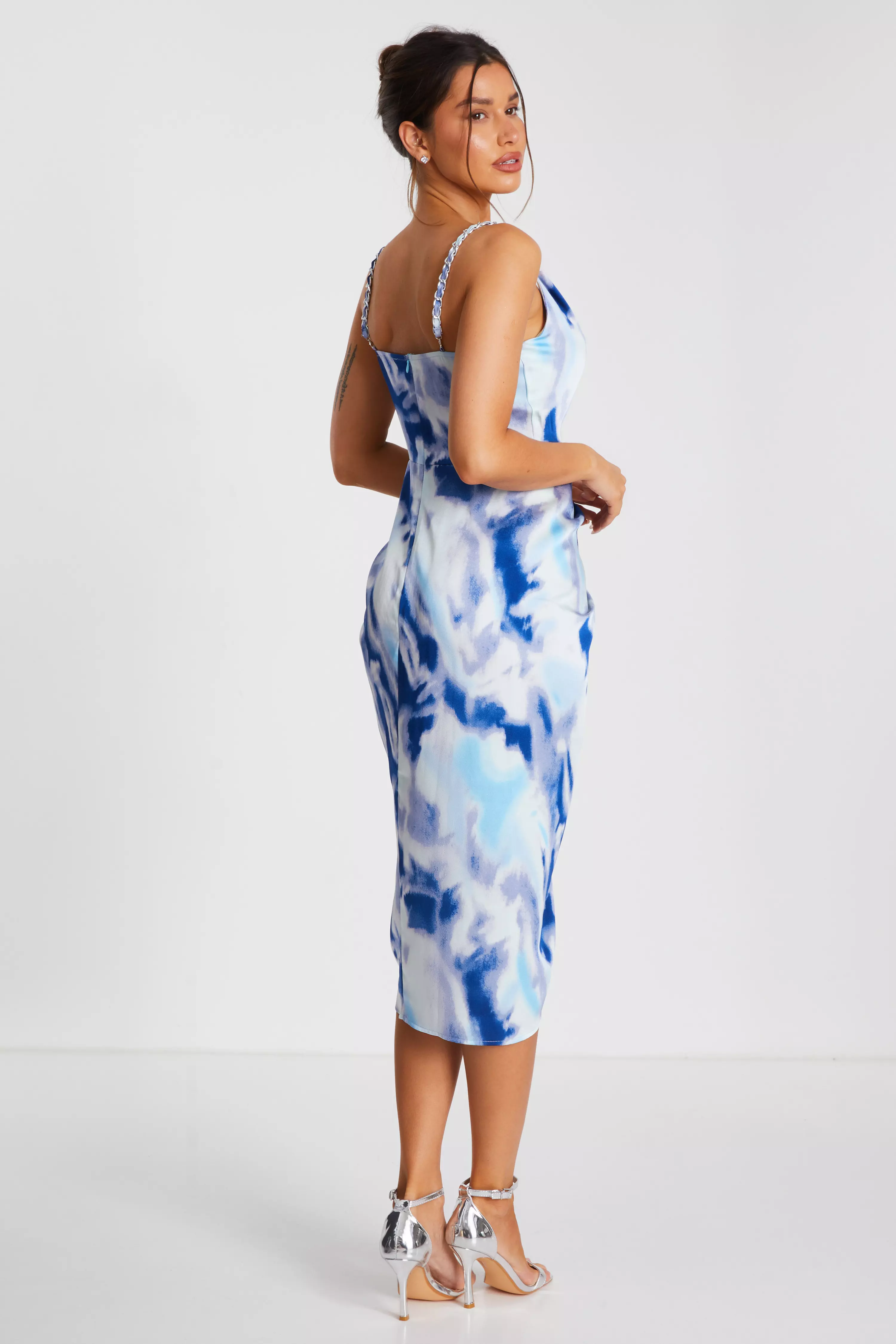 Blue Satin Marble Print Ruched Midi Dress
