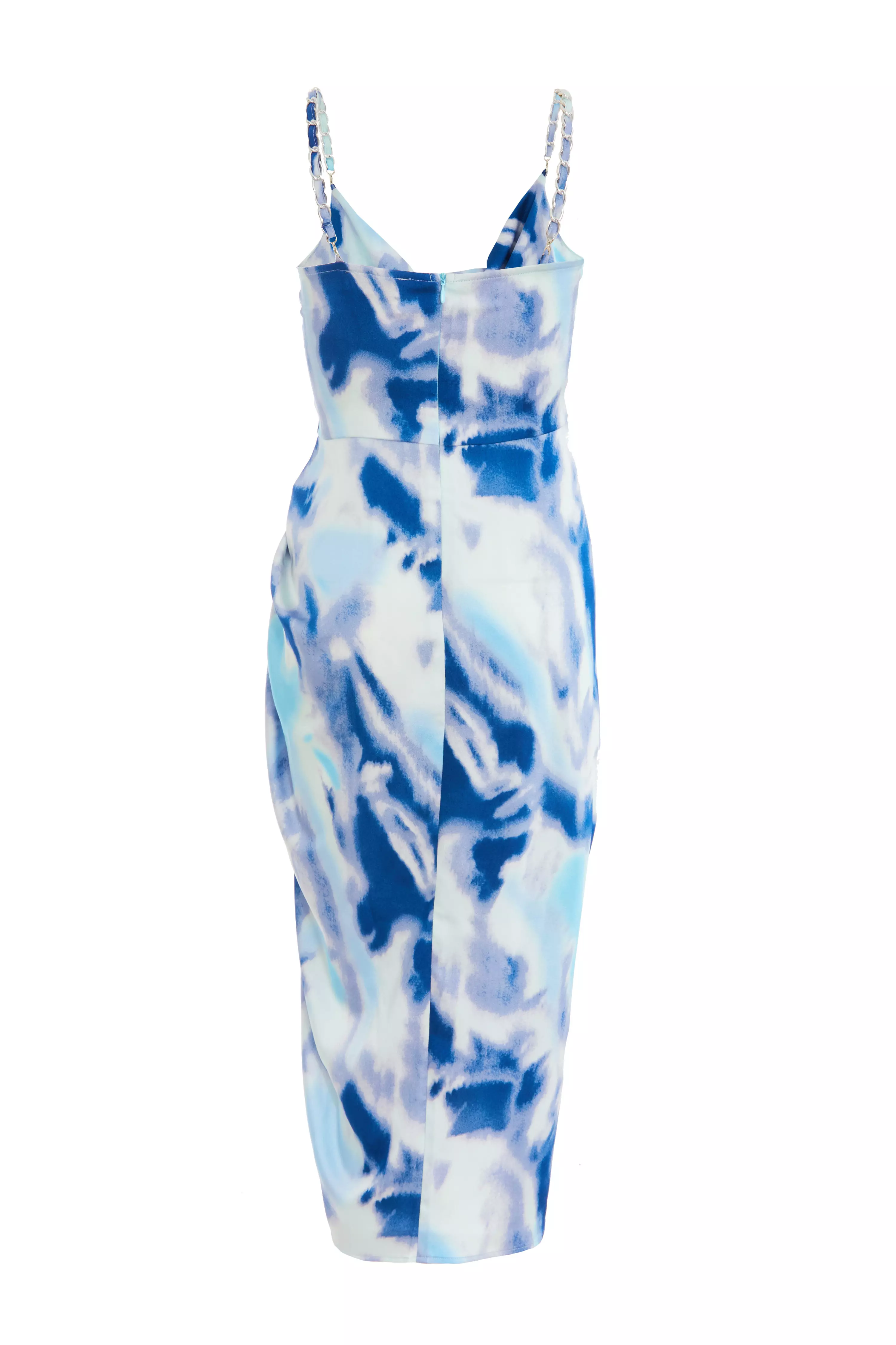 Blue Satin Marble Print Ruched Midi Dress