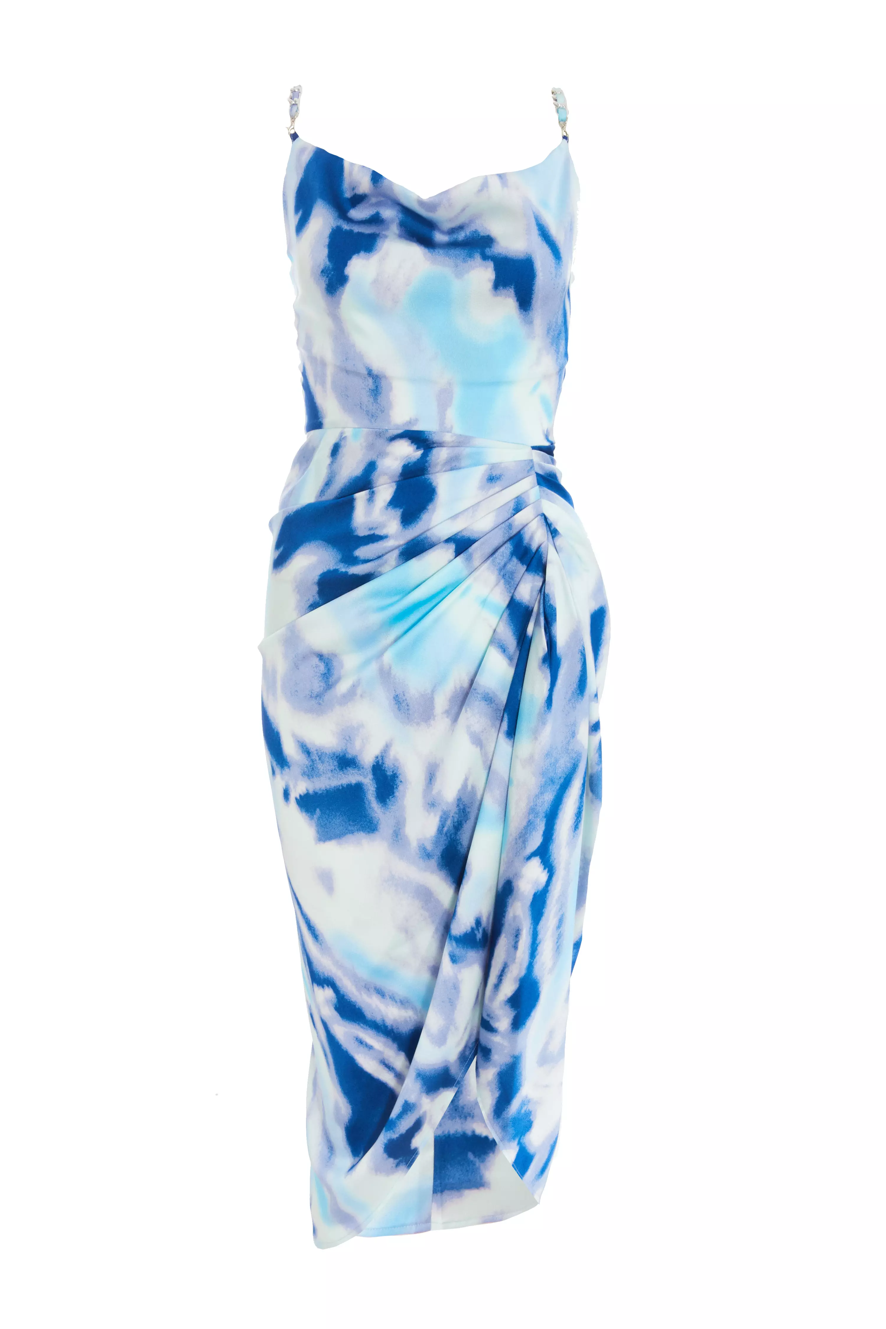 Blue Satin Marble Print Ruched Midi Dress