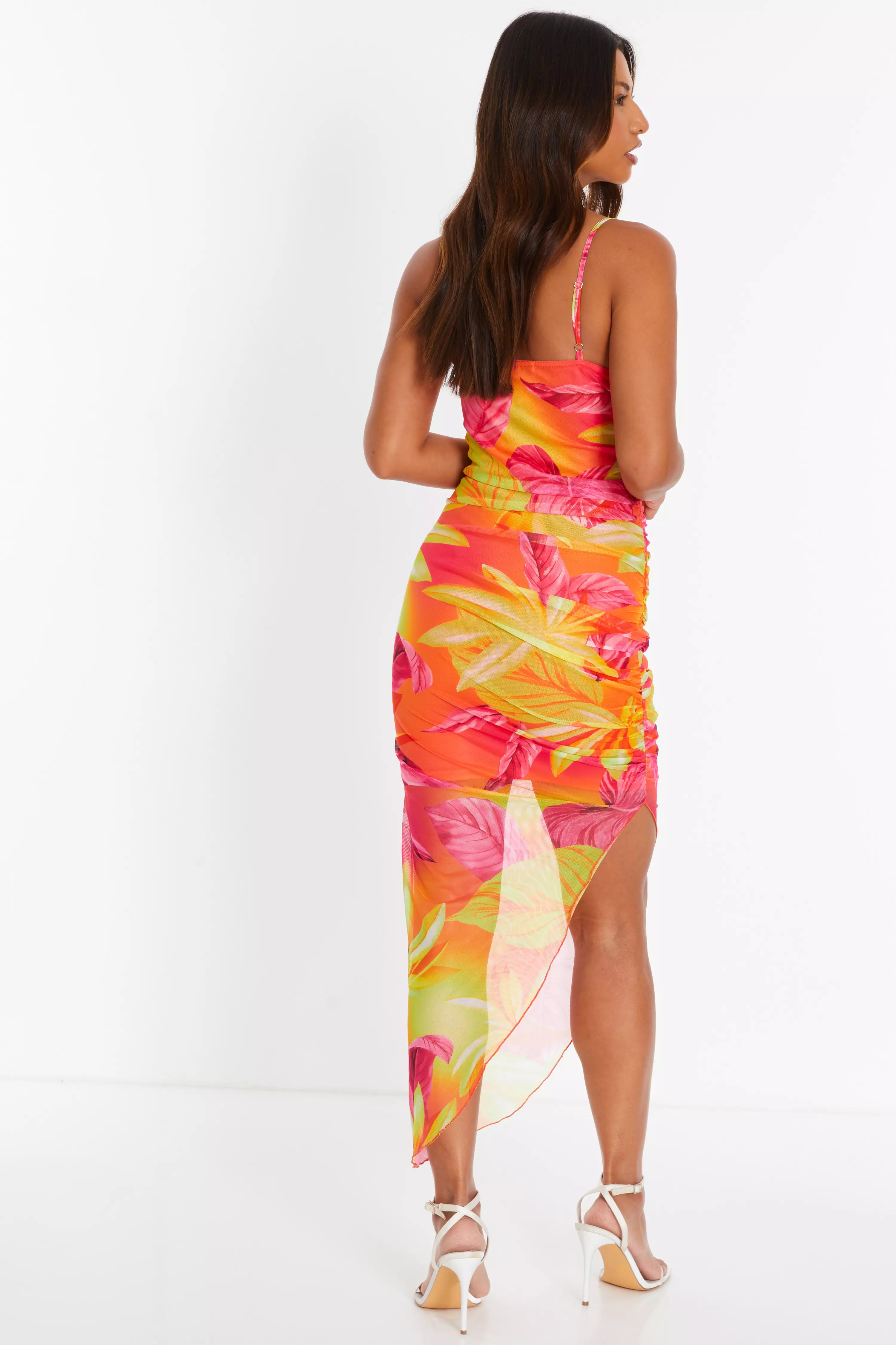 Yellow Tropical Print Aysymetric Midaxi Dress