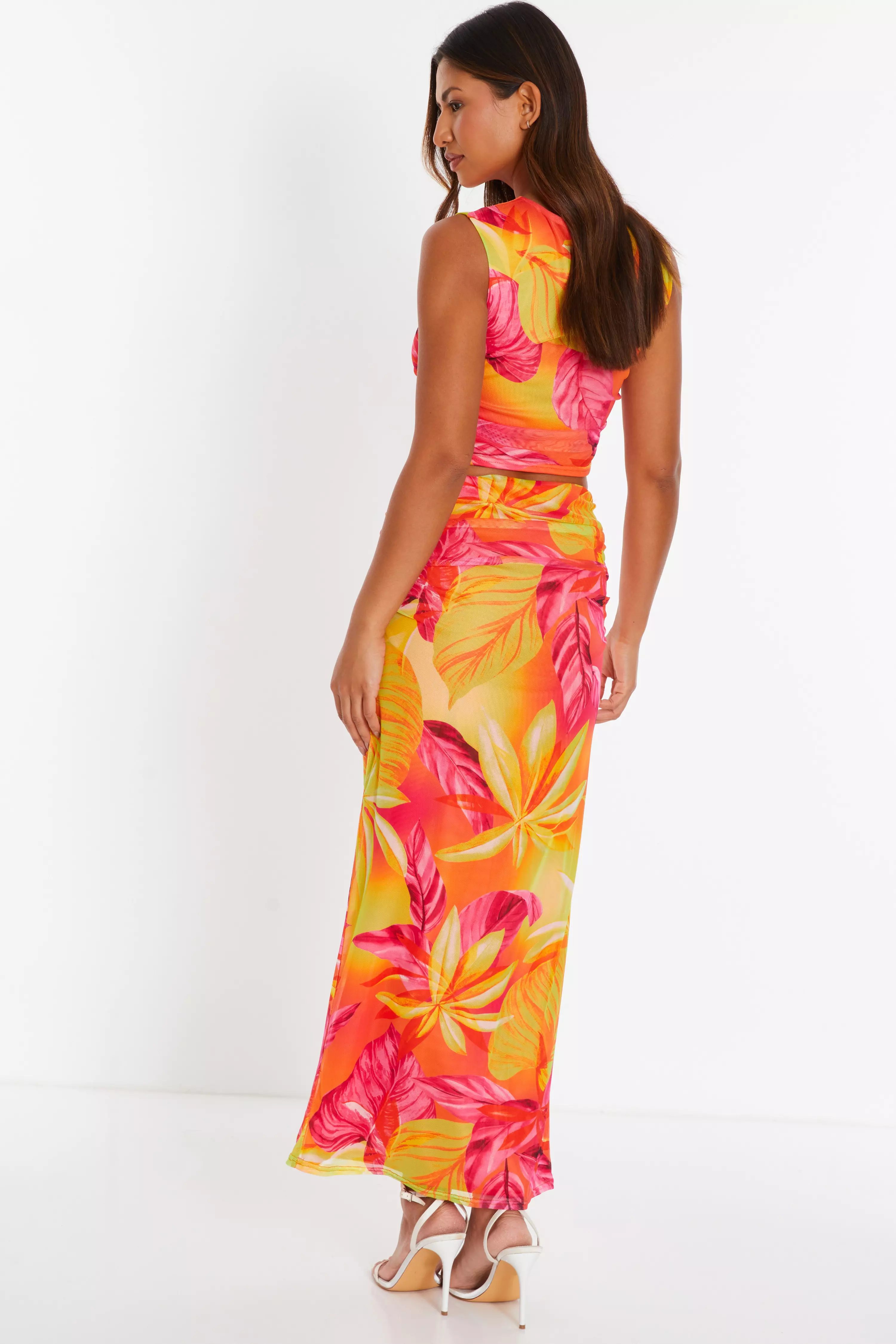 Yellow Tropical Print Mesh Maxi Skirt