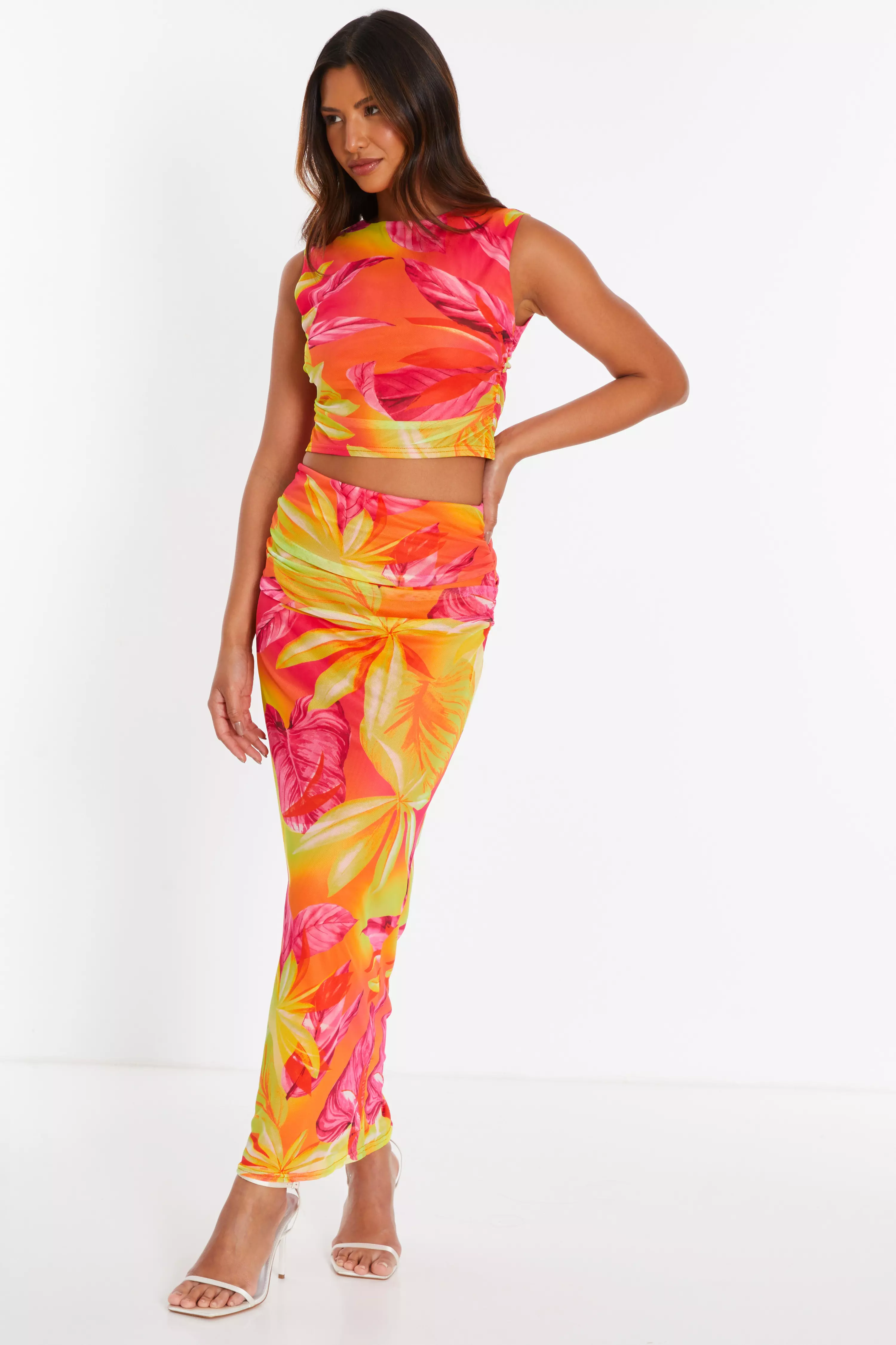 Yellow Tropical Print Mesh Maxi Skirt