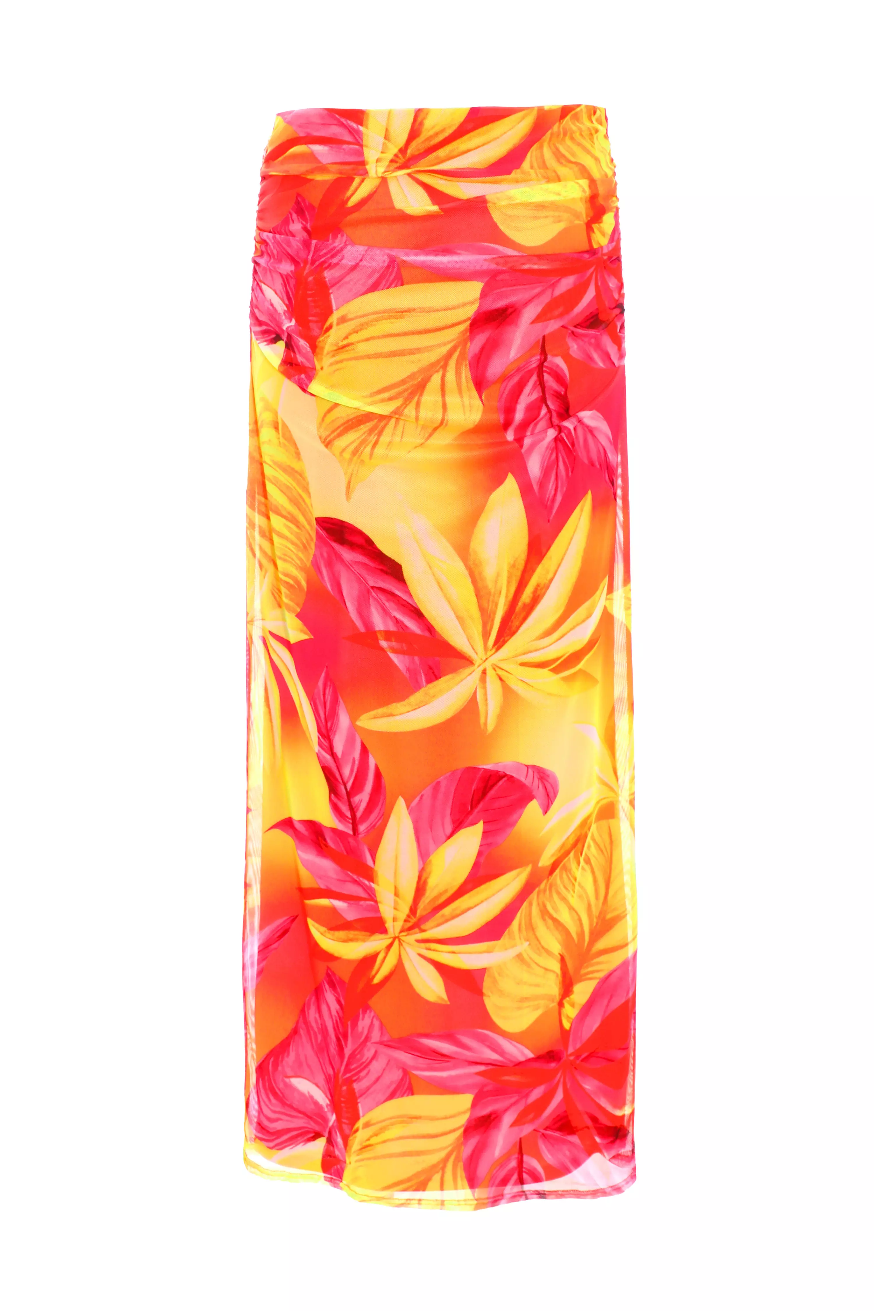 Yellow Tropical Print Mesh Maxi Skirt