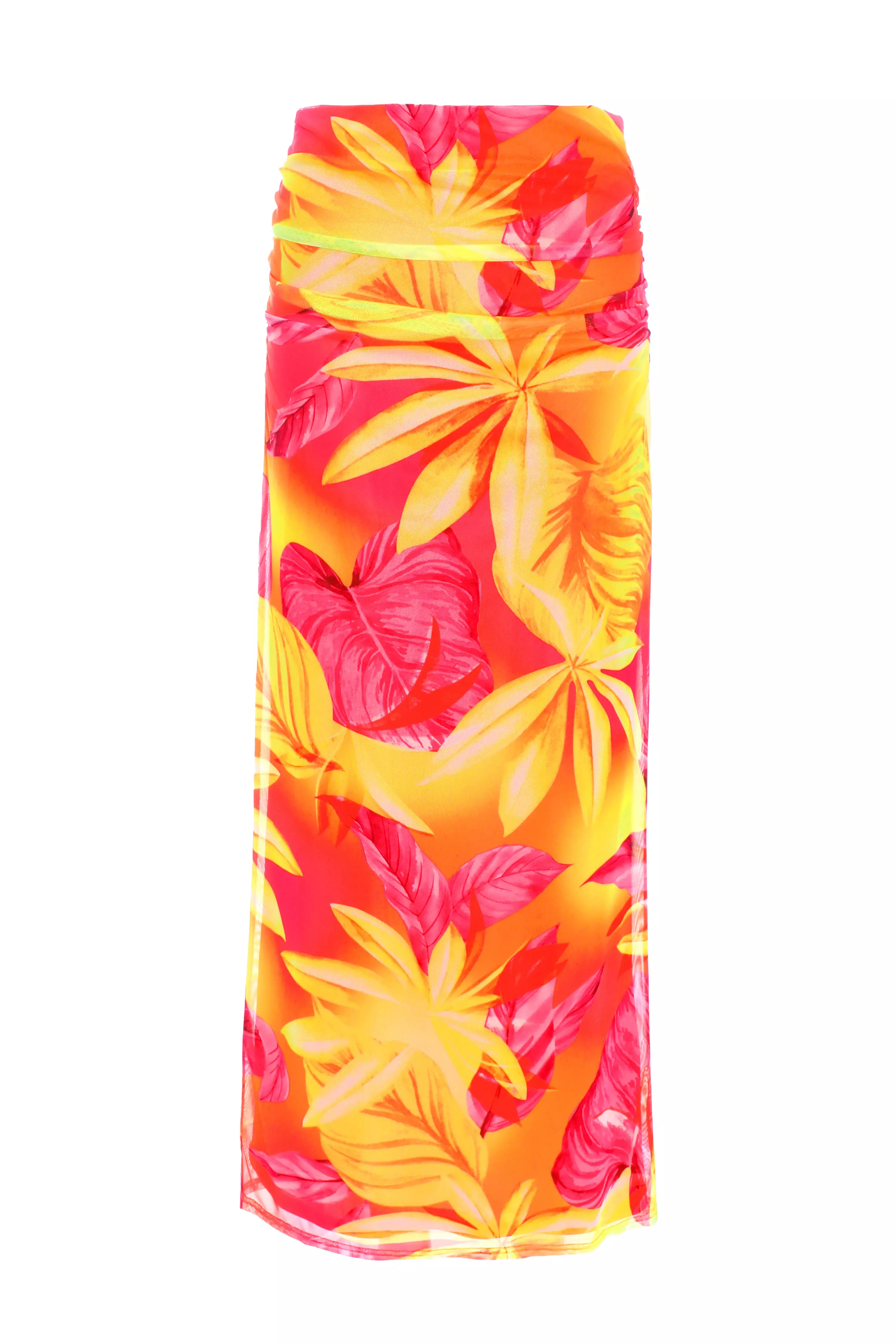 Yellow Tropical Print Mesh Maxi Skirt