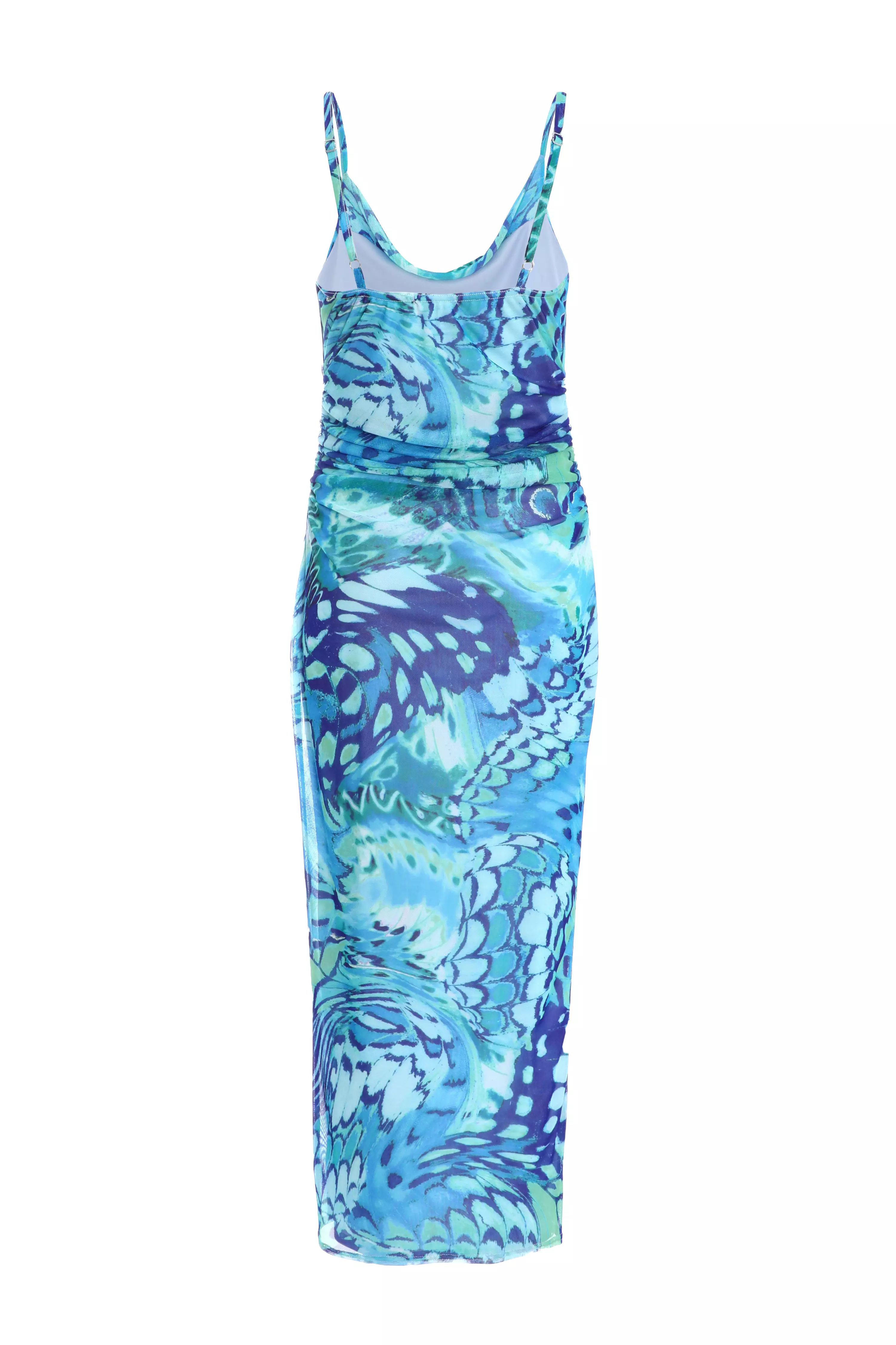 Blue Butterfly Print Ruched Mesh Midaxi Dress