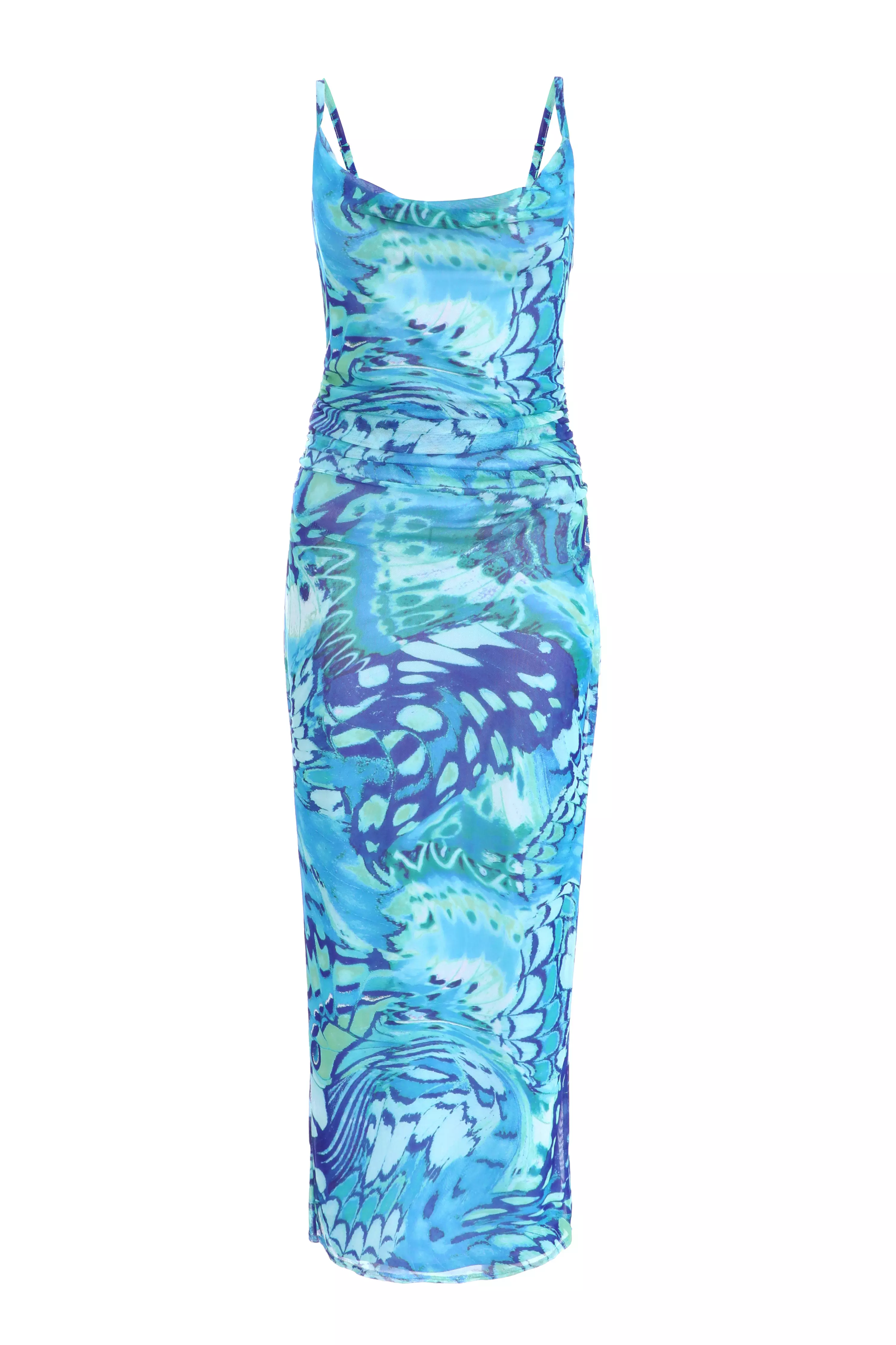 Blue Butterfly Print Ruched Mesh Midaxi Dress