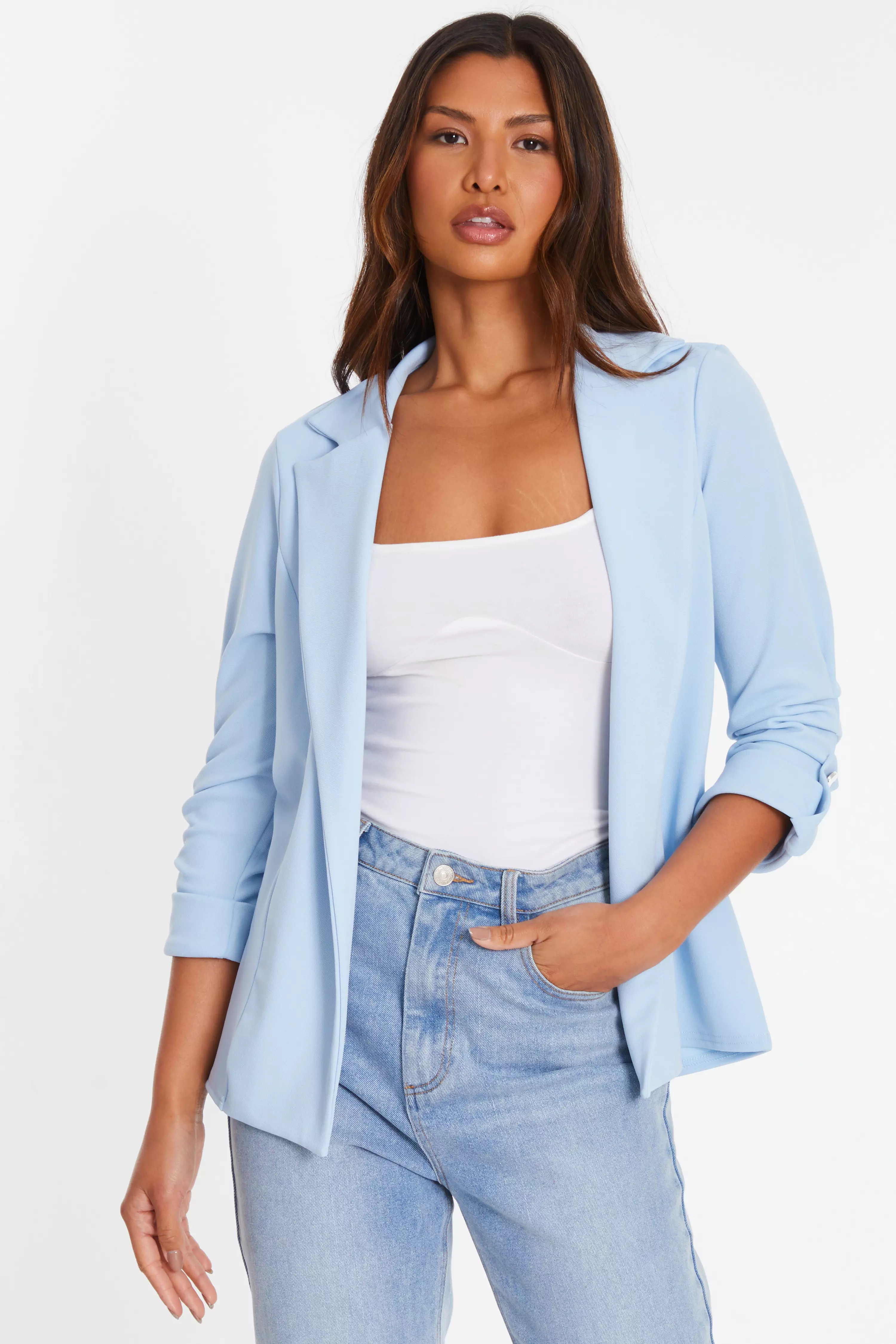 Light Blue Ruched Sleeve Blazer