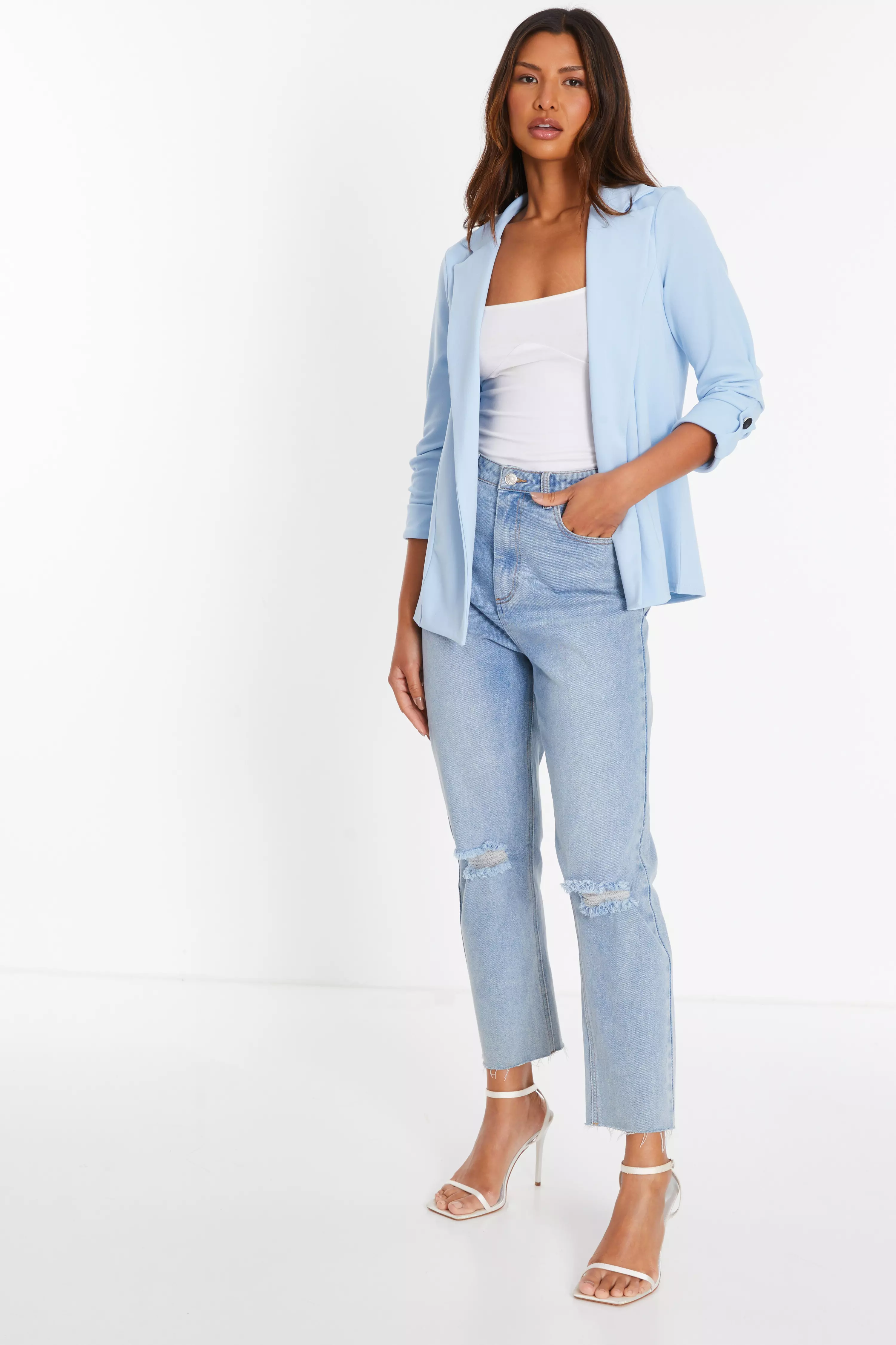 Light Blue Ruched Sleeve Blazer