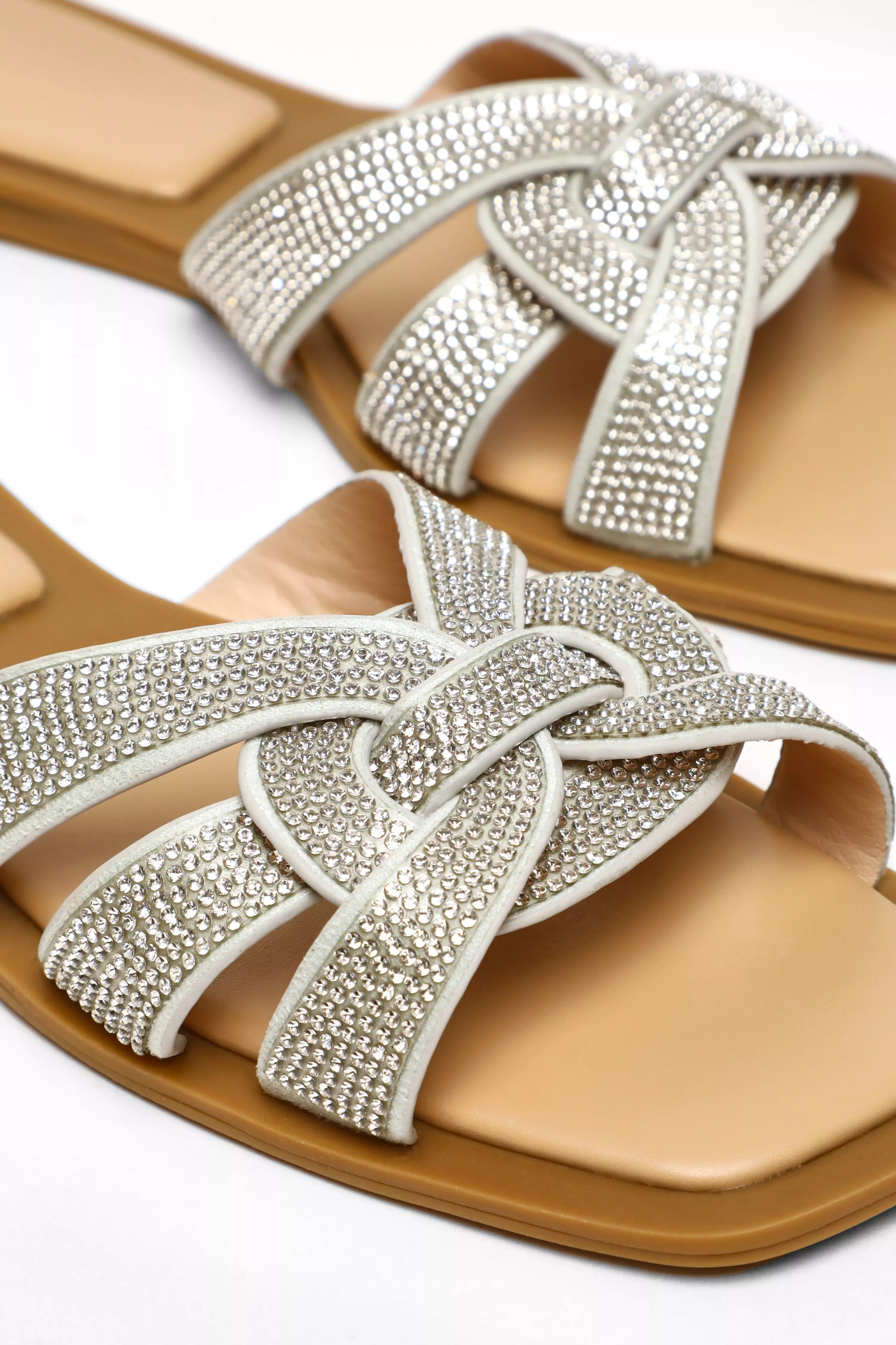 Faux Leather Silver Diamante Flat Mule Sandals