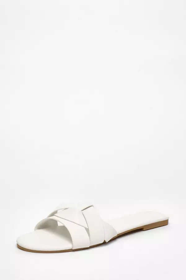 White Faux Leather Cross Strap Flat Mule Sandals