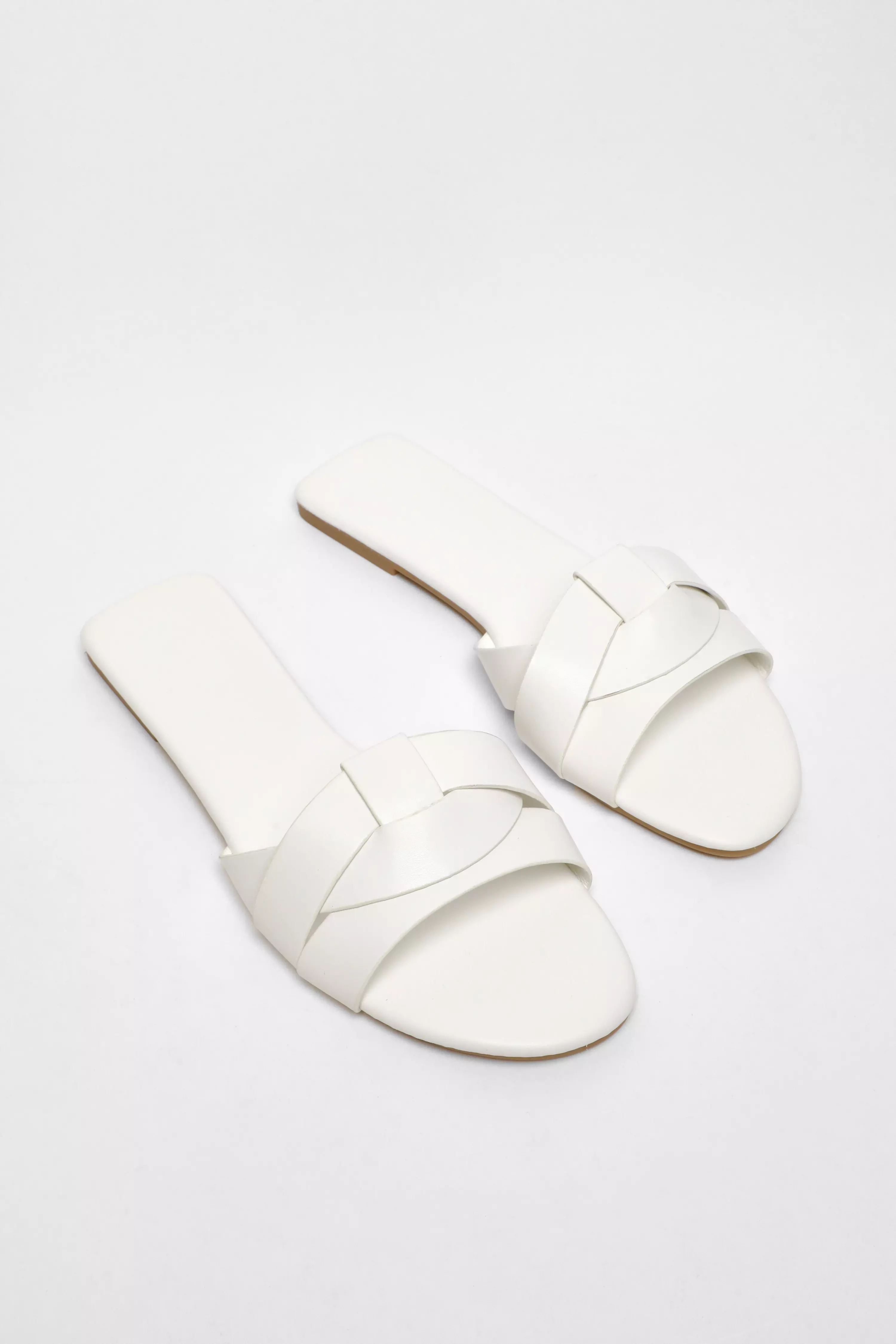 White Faux Leather Cross Strap Flat Mule Sandals