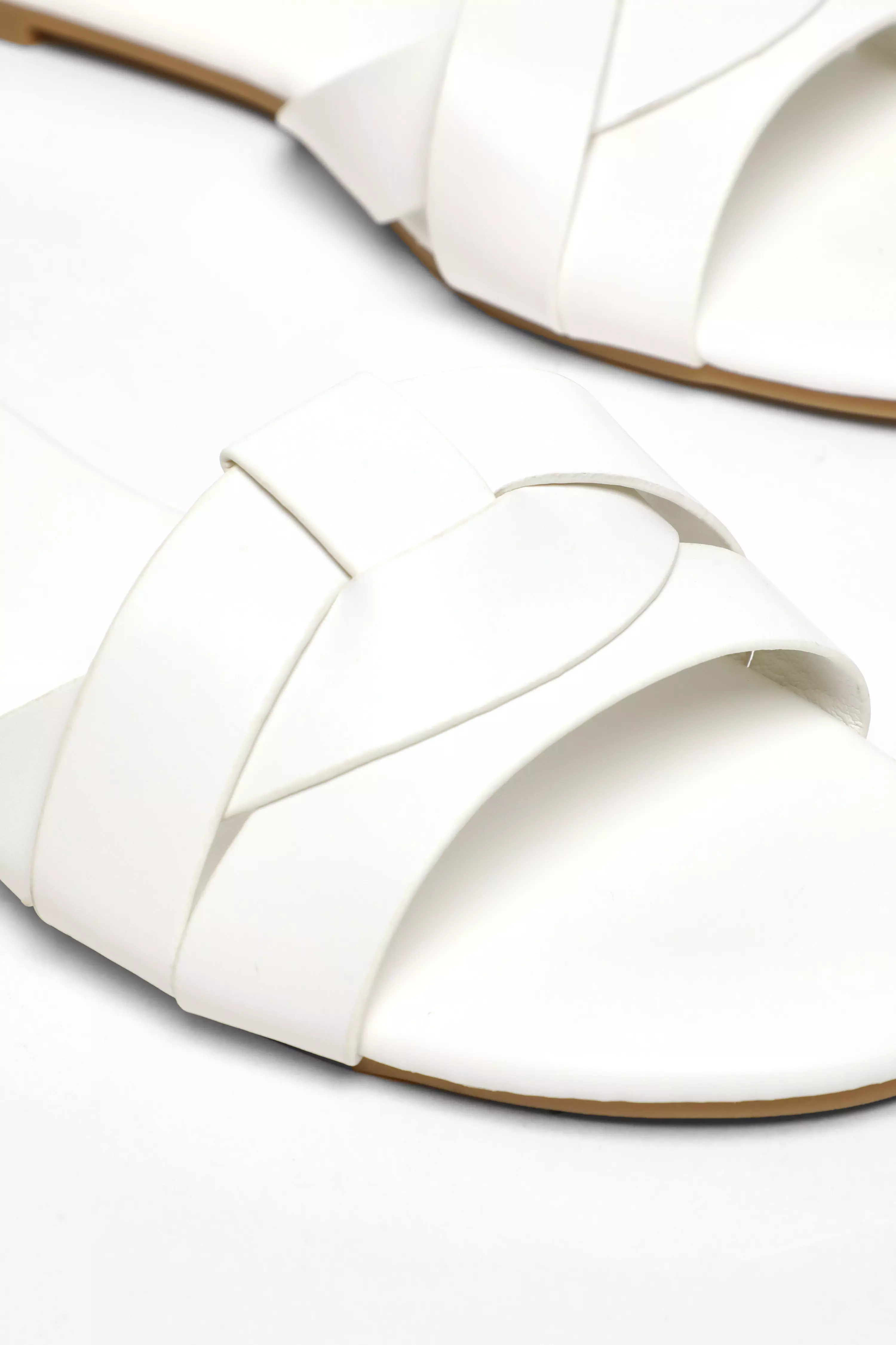 White Faux Leather Cross Strap Flat Mule Sandals