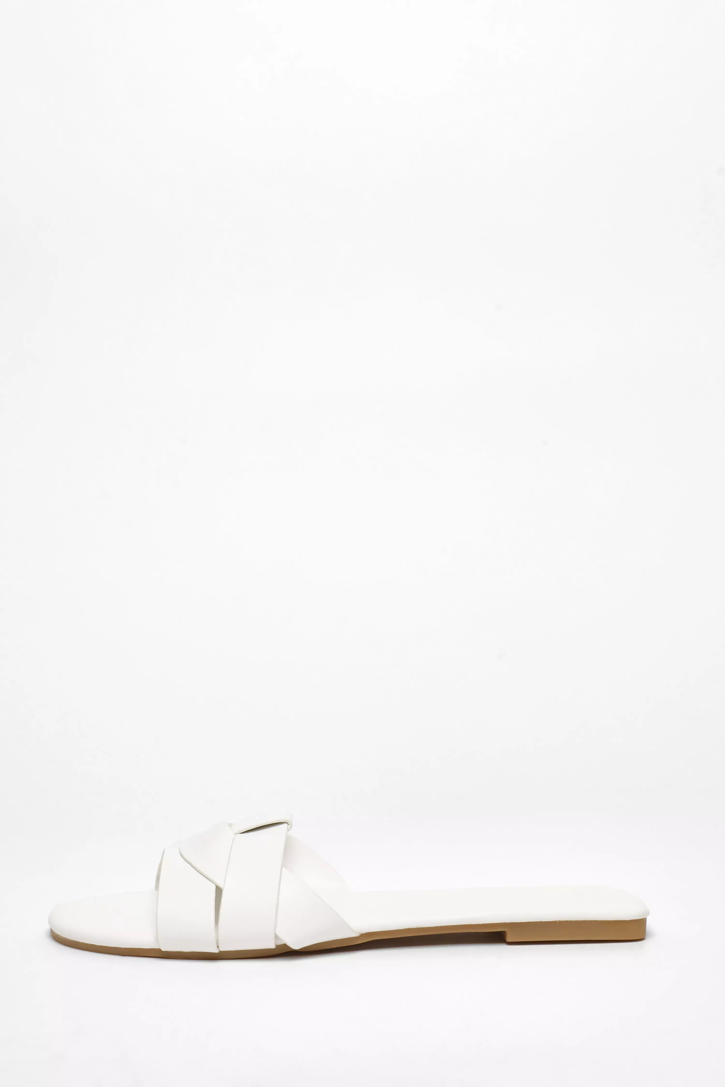 White Faux Leather Cross Strap Flat Mule Sandals