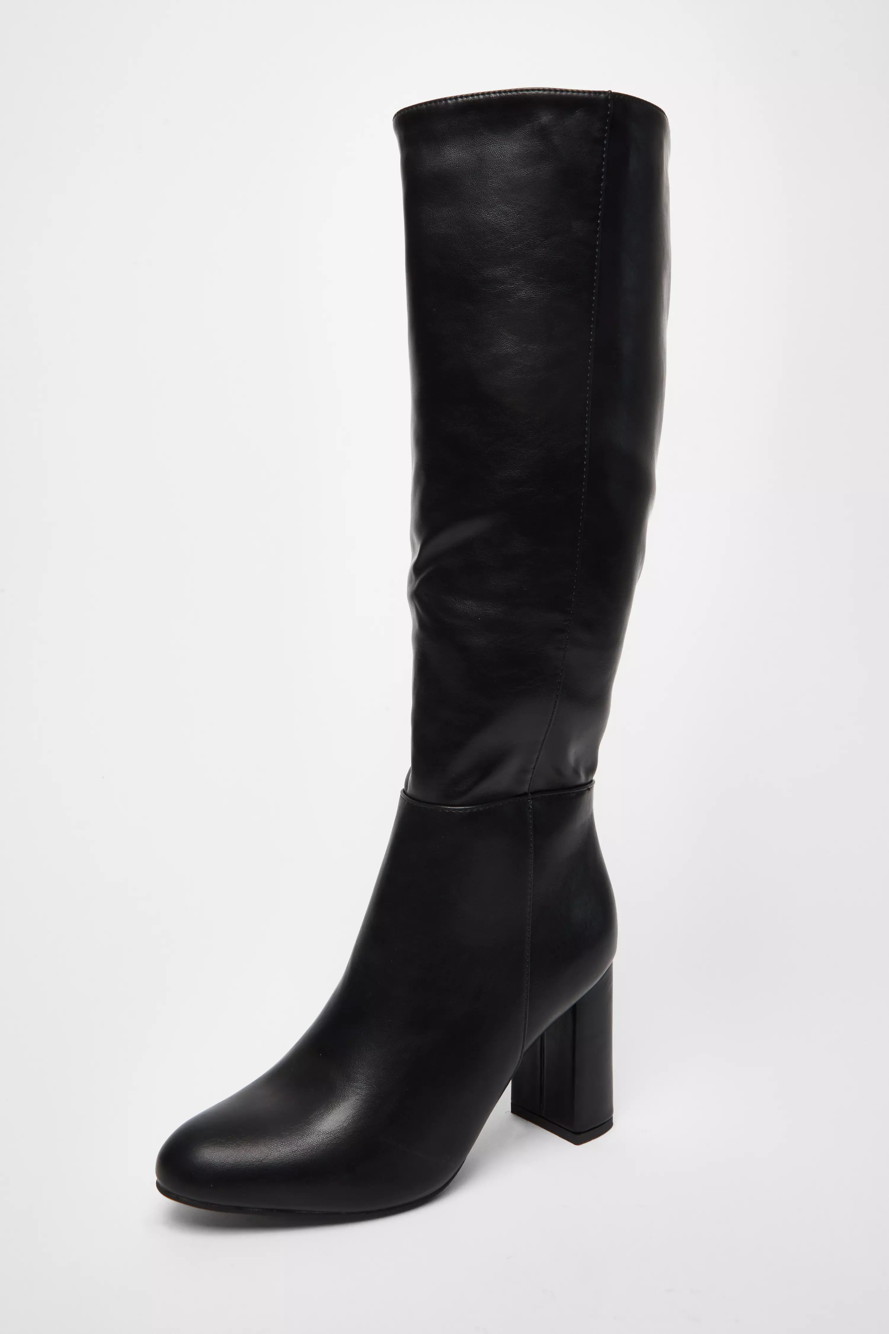 Wide Fit Black Faux Leather Knee High Boots