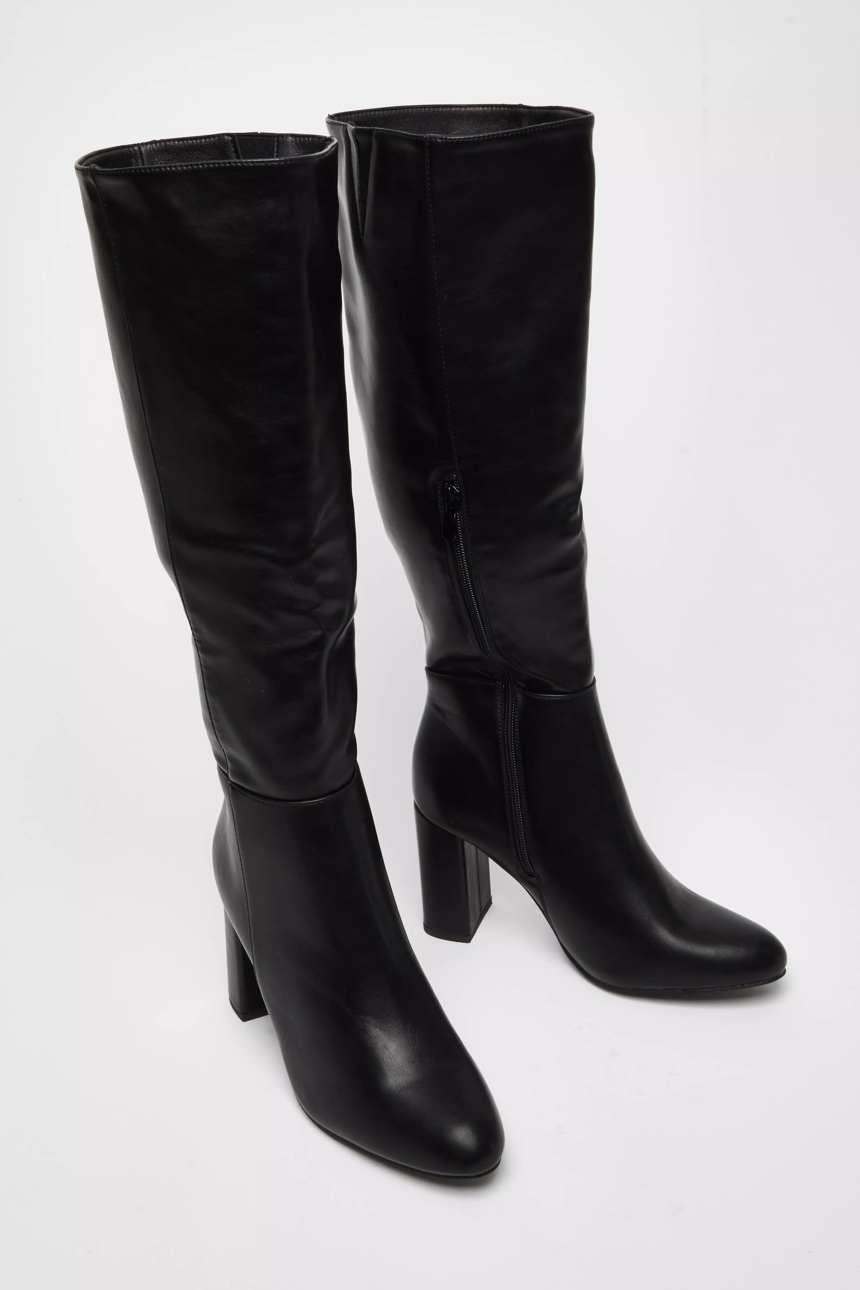 Wide Fit Black Faux Leather Knee High Boots