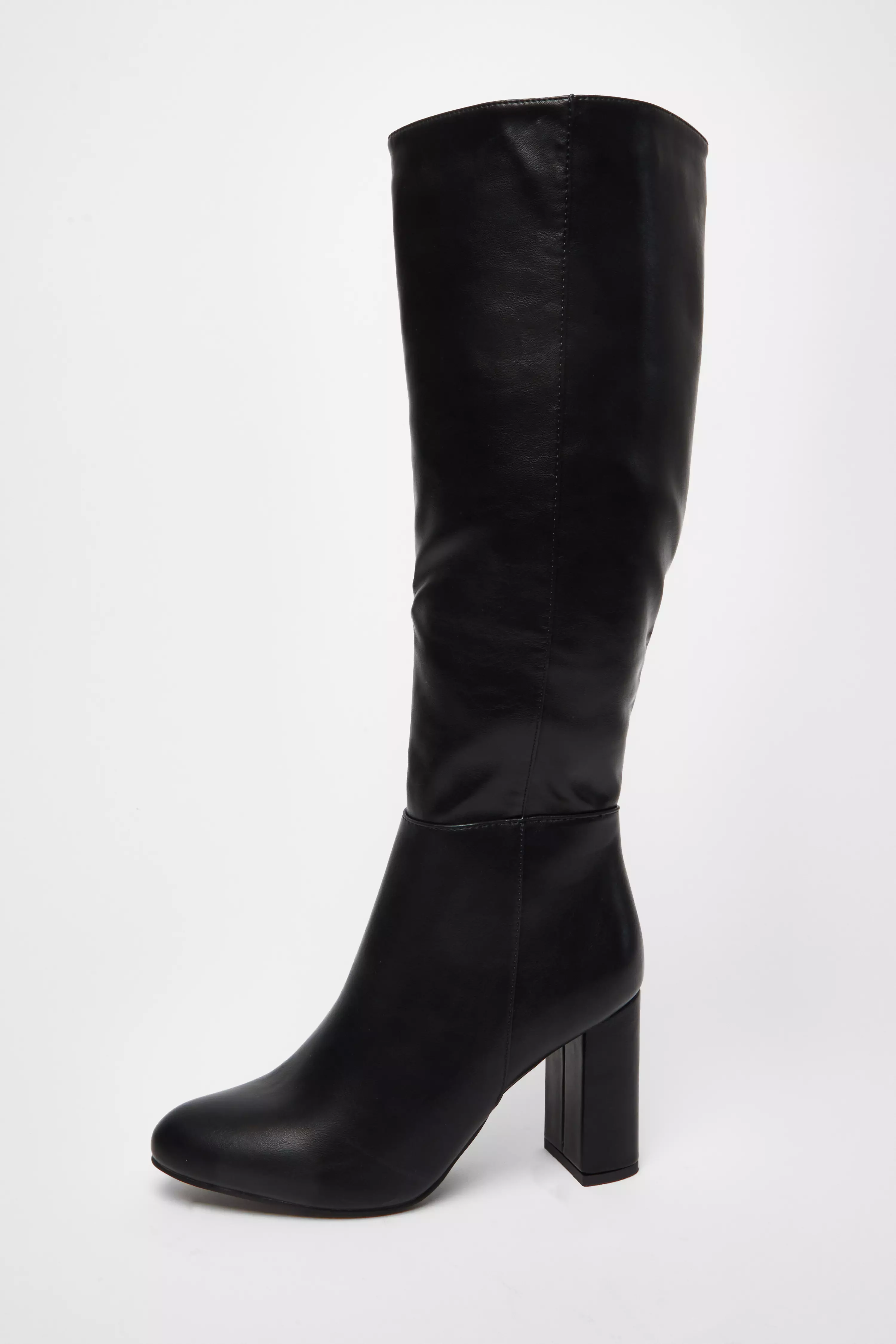 Wide Fit Black Faux Leather Knee High Boots