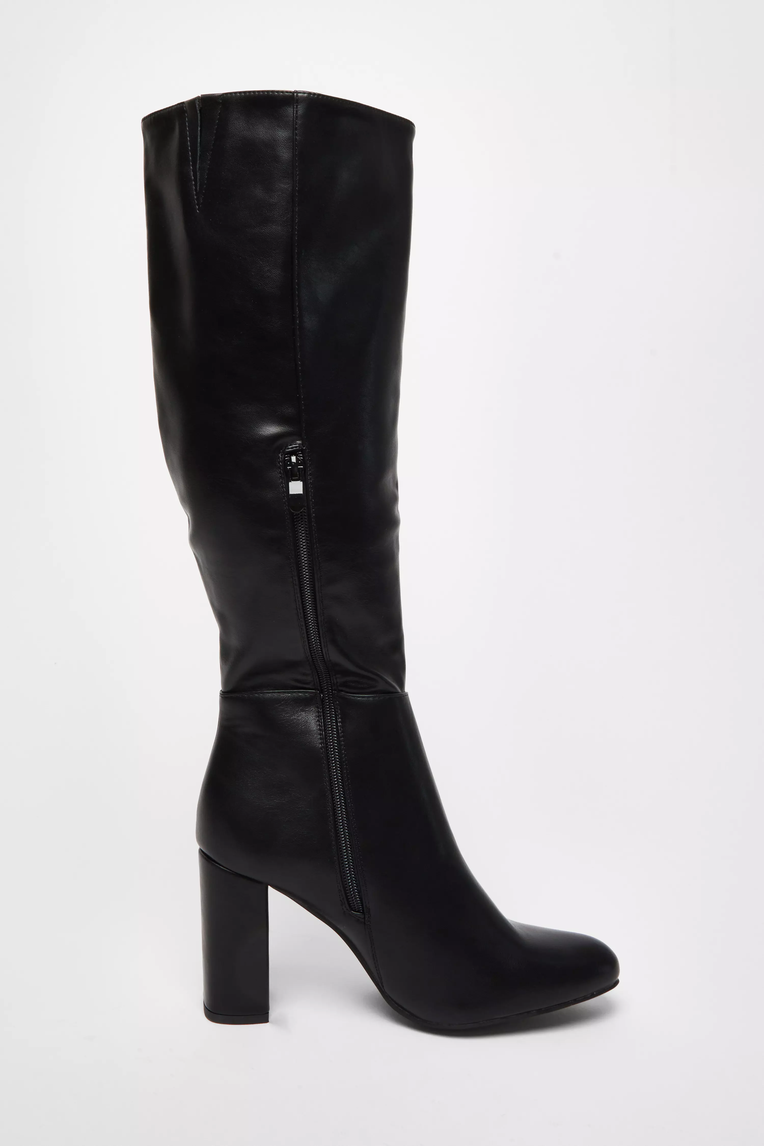 Wide Fit Black Faux Leather Knee High Boots