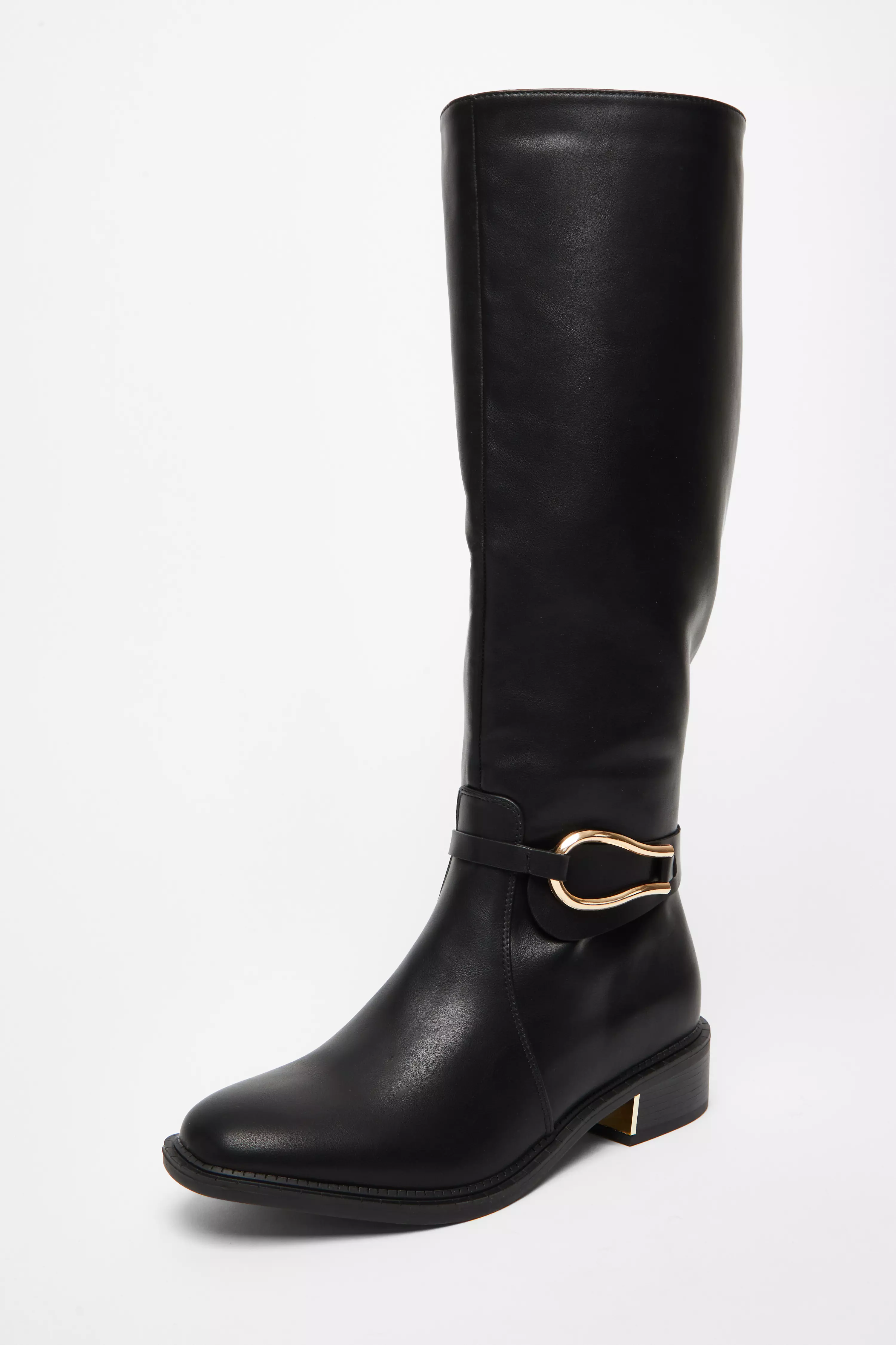 Wide Fit Black Faux Leather Knee High Flat Boots