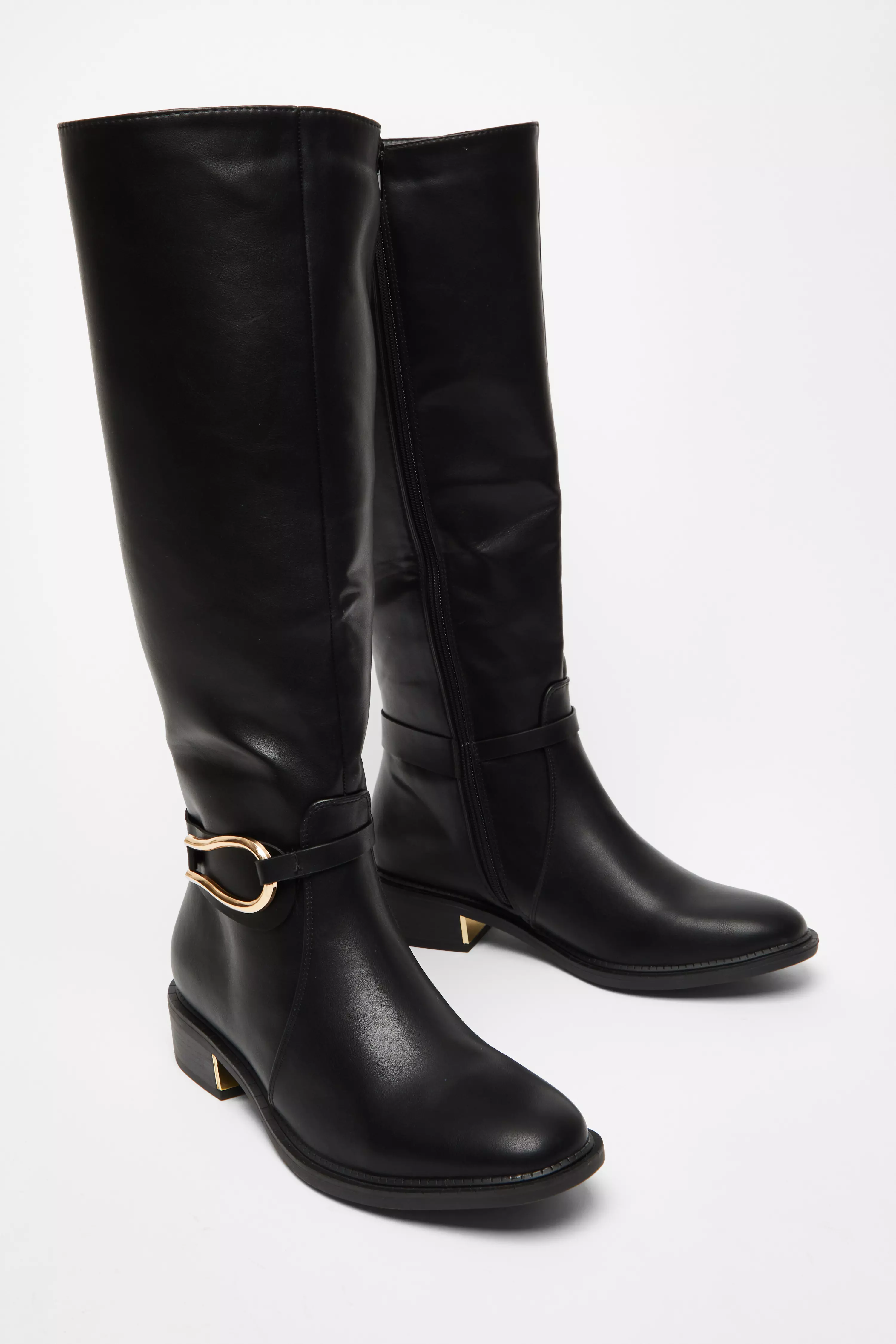 Wide Fit Black Faux Leather Knee High Flat Boots