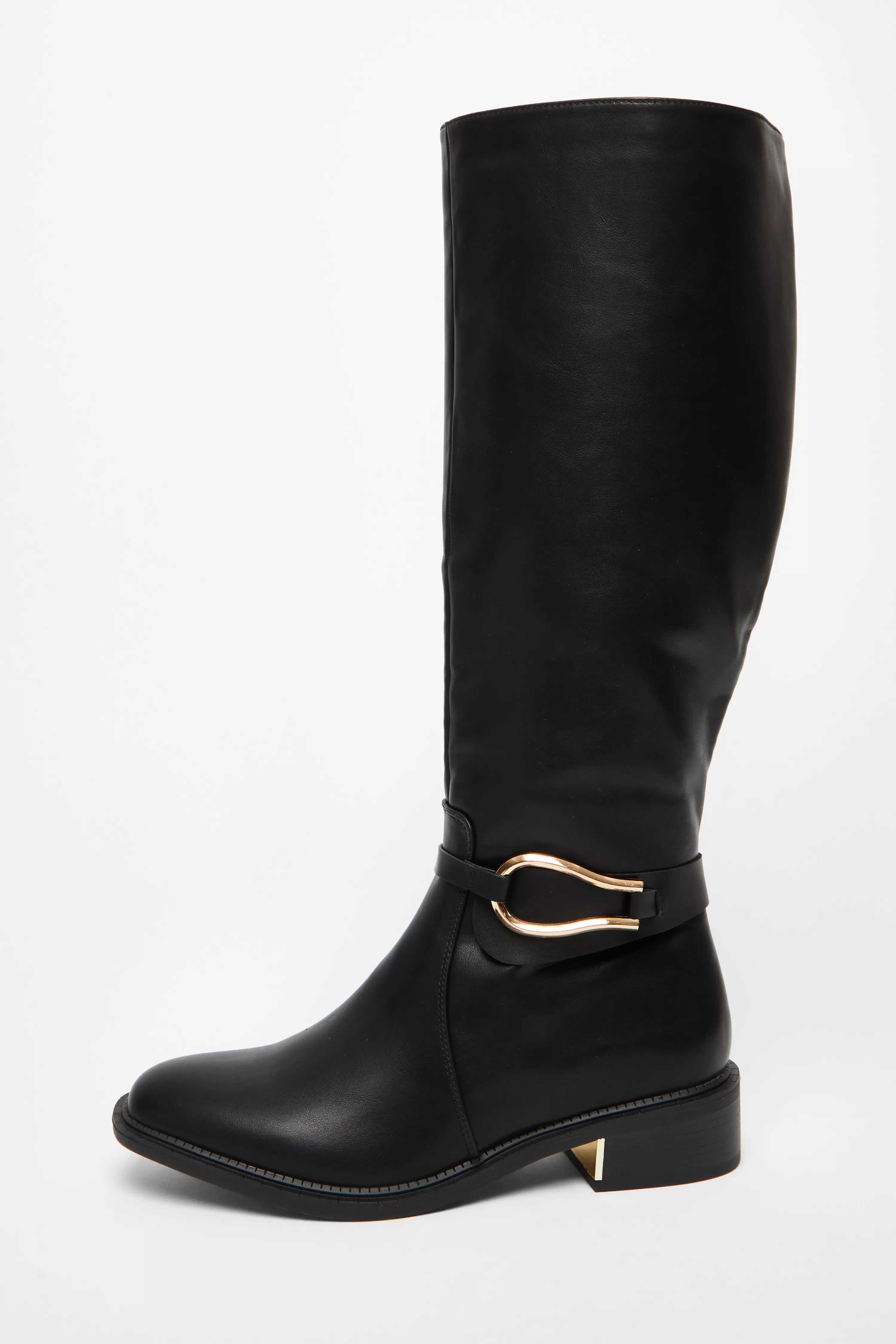 Wide Fit Black Faux Leather Knee High Flat Boots