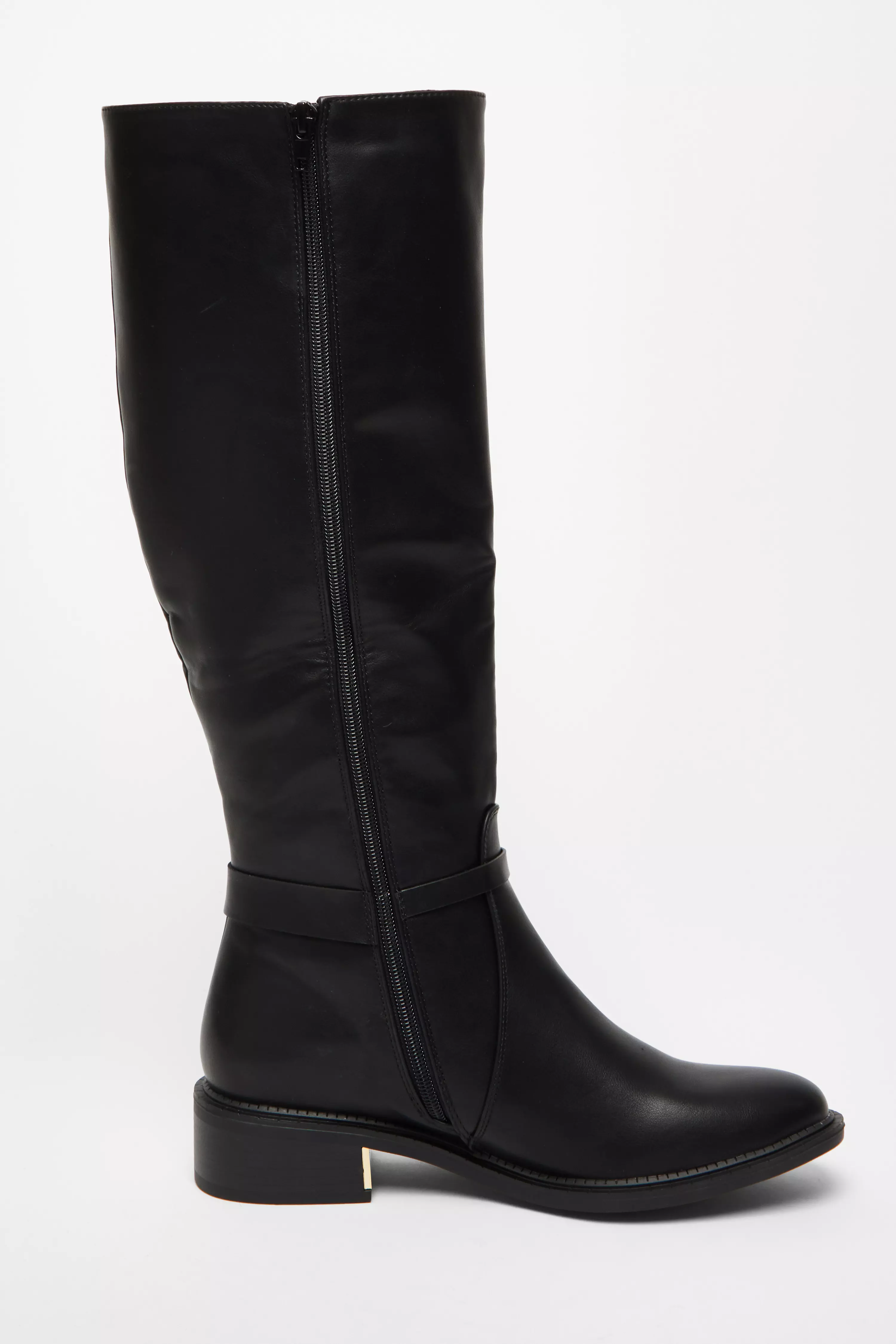 Wide Fit Black Faux Leather Knee High Flat Boots