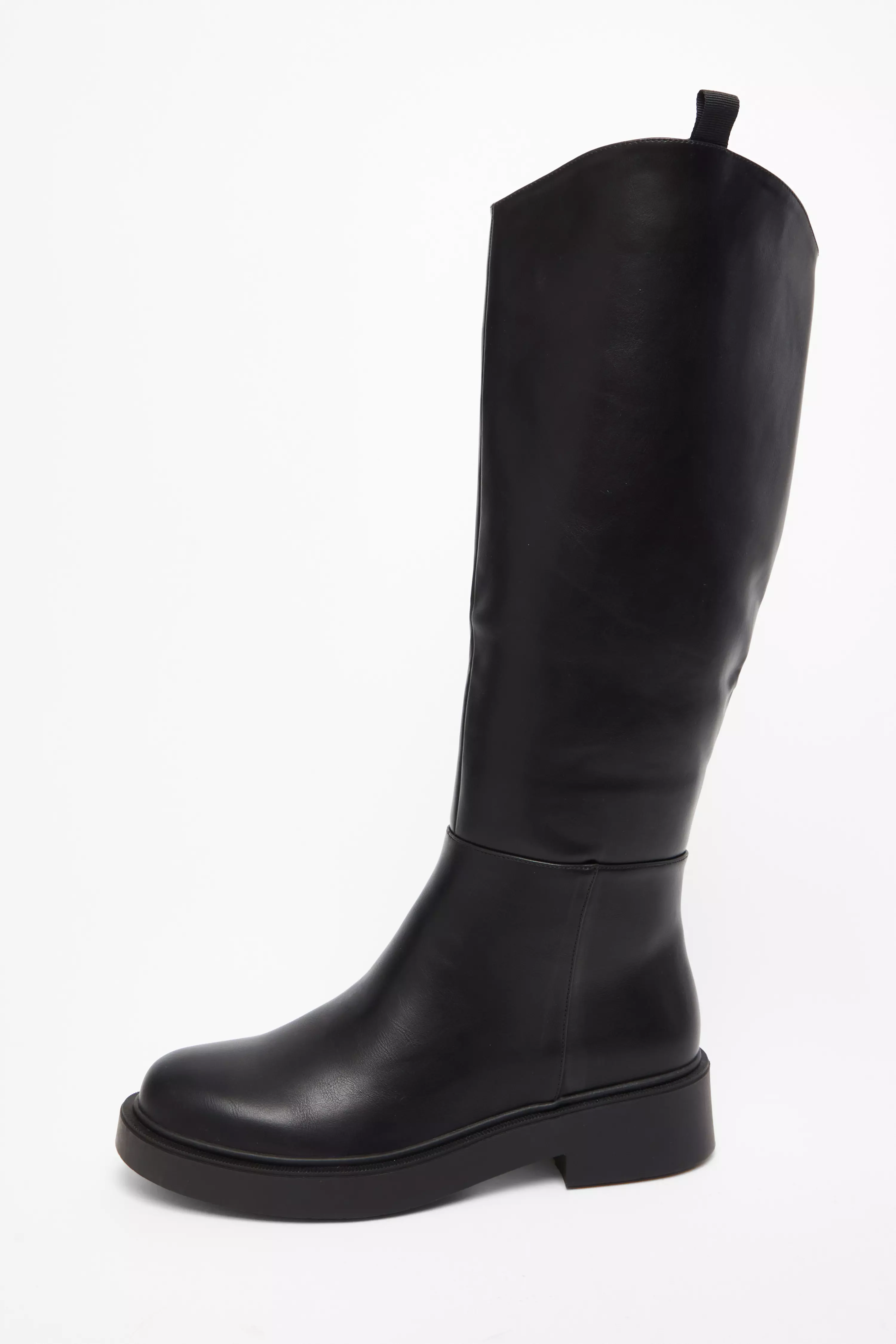 Black Faux Leather Knee High Boots