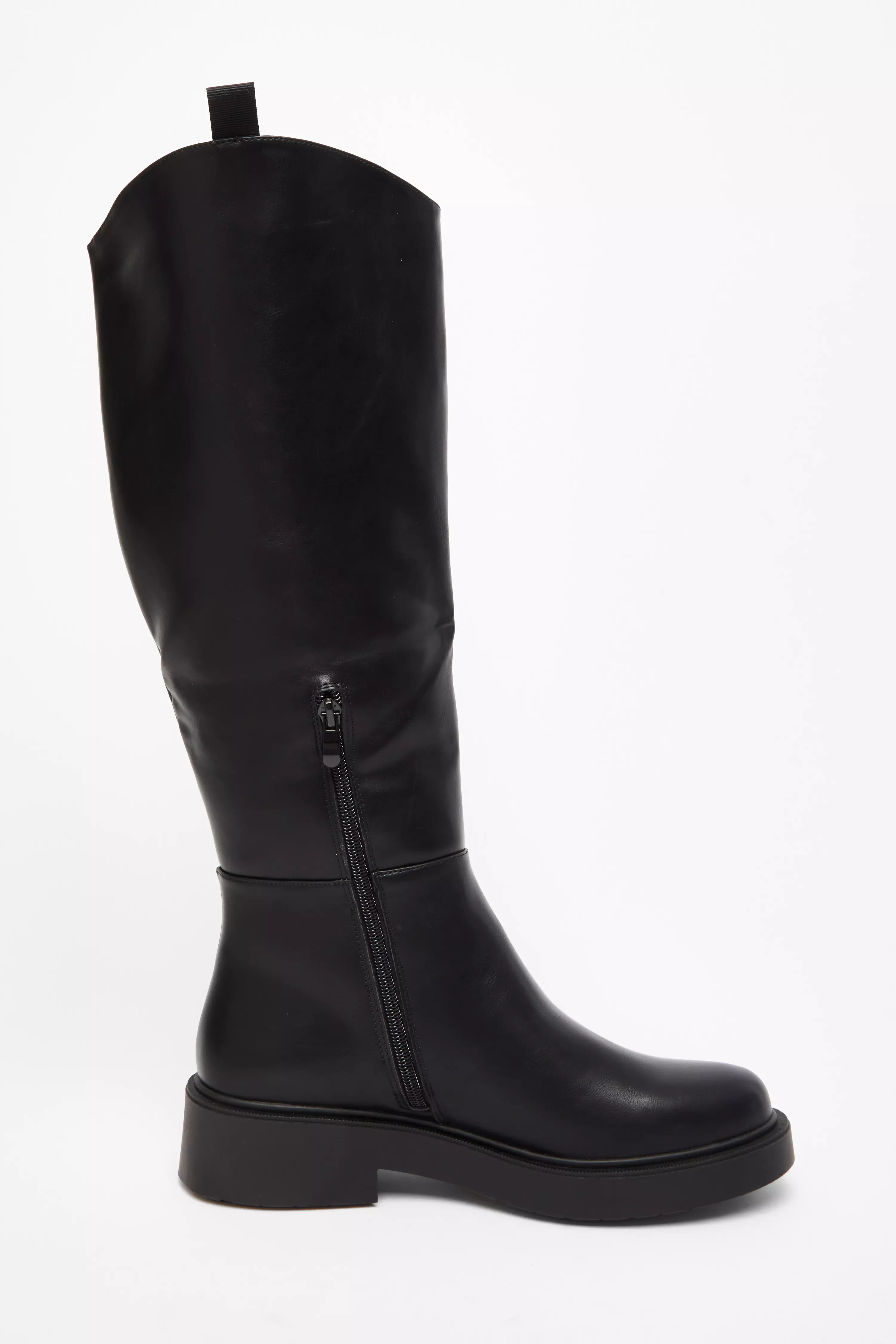 Black Faux Leather Knee High Boots